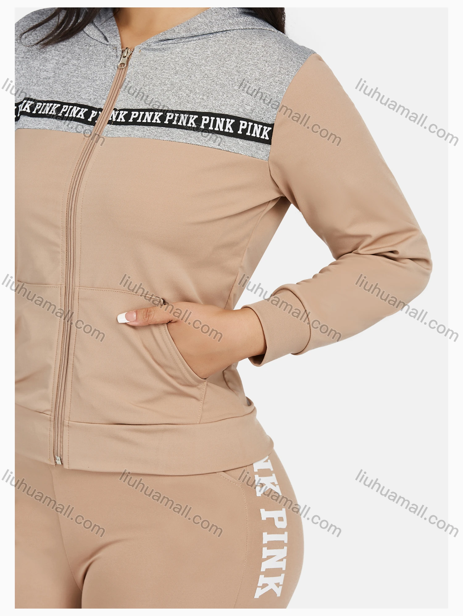 Wholesale Women's Sport Hooded Colorblock Letter Print Zipper Long Sleeve Top & Jogger Sets - Liuhuamall