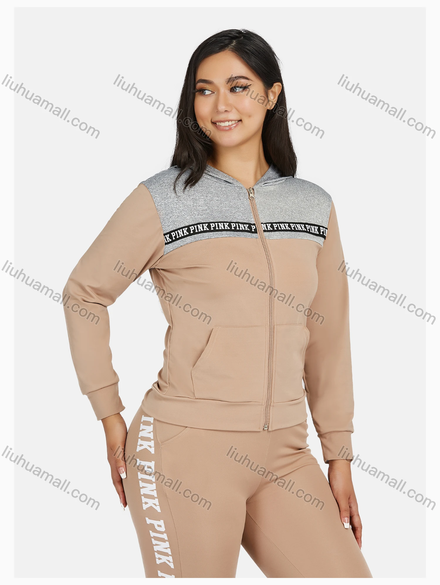Wholesale Women's Sport Hooded Colorblock Letter Print Zipper Long Sleeve Top & Jogger Sets - Liuhuamall