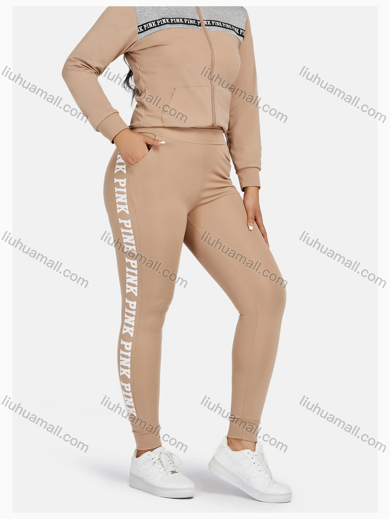 Wholesale Women's Sport Hooded Colorblock Letter Print Zipper Long Sleeve Top & Jogger Sets - Liuhuamall
