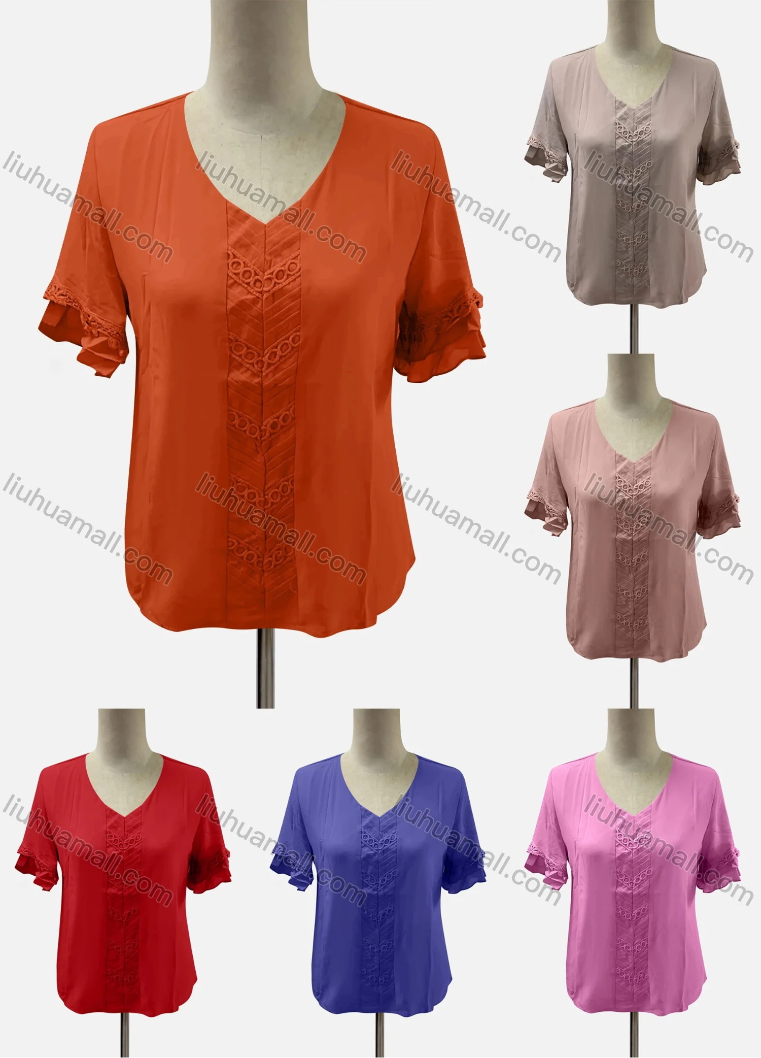 Wholesale Women's Casual V Neck Tiered Sleeve Splicing Appliques Blouse - Liuhuamall