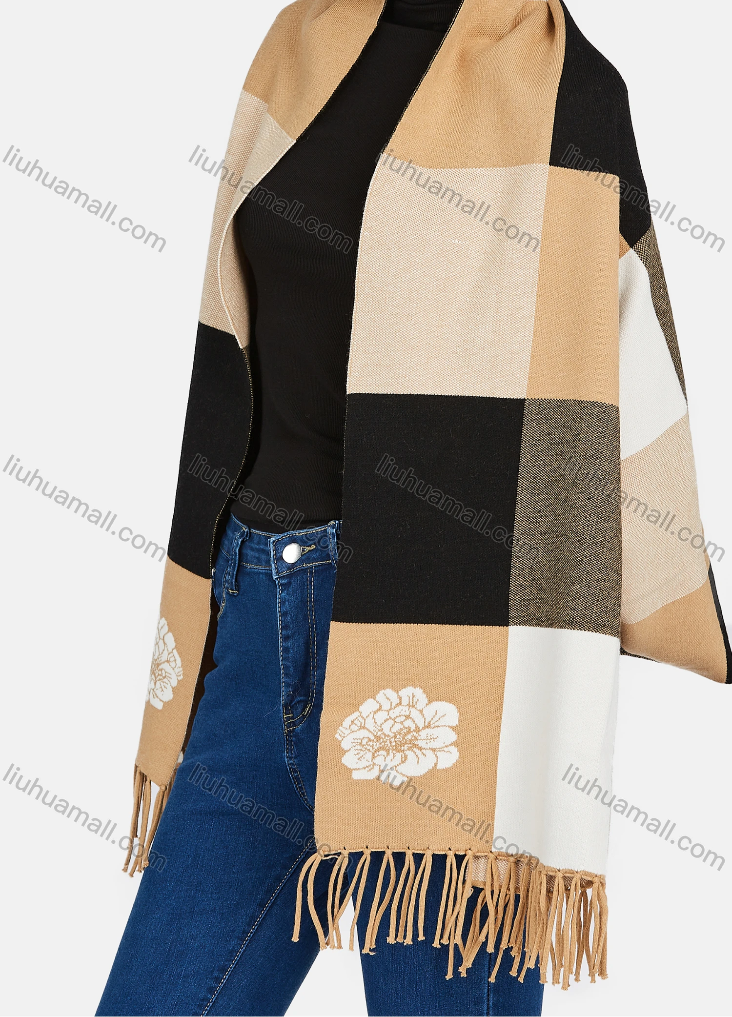 Wholesale Women's Casual Plaid Print Tassel Trim Shawl - Liuhuamall