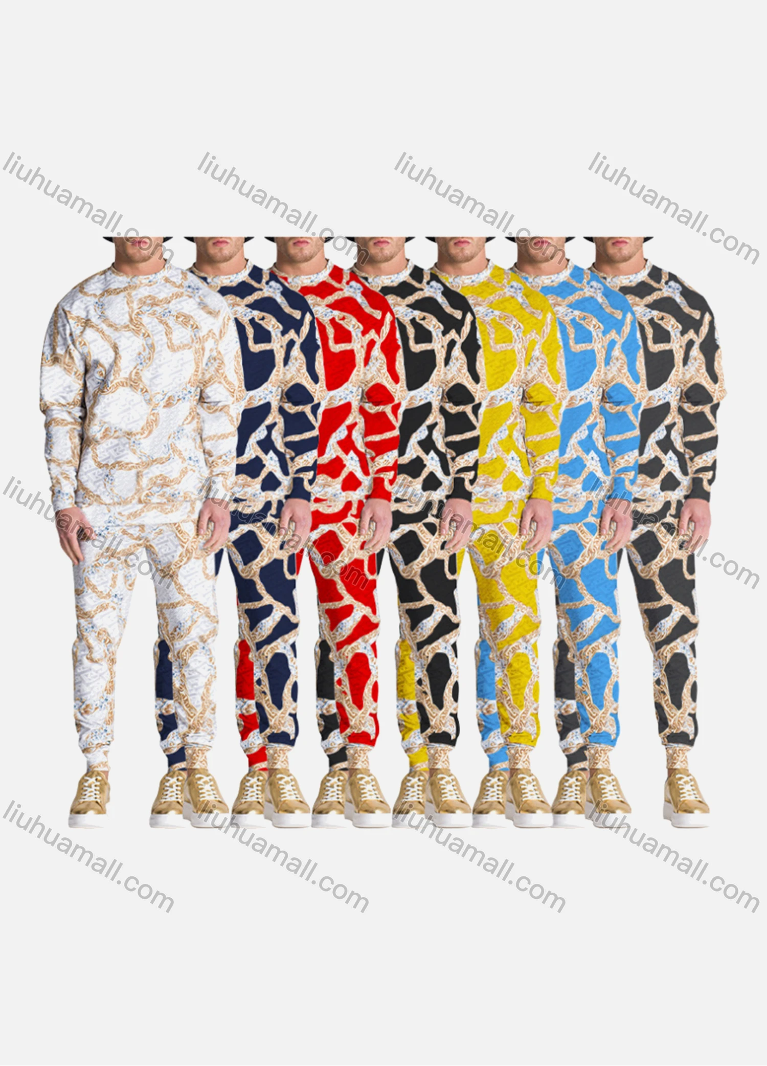 Wholesale Men's Fashion Crew Neck Long Sleeve Chain Graphic Pullover Sweatshirts&Sweatpants 2 Piece Sets - Liuhuamall