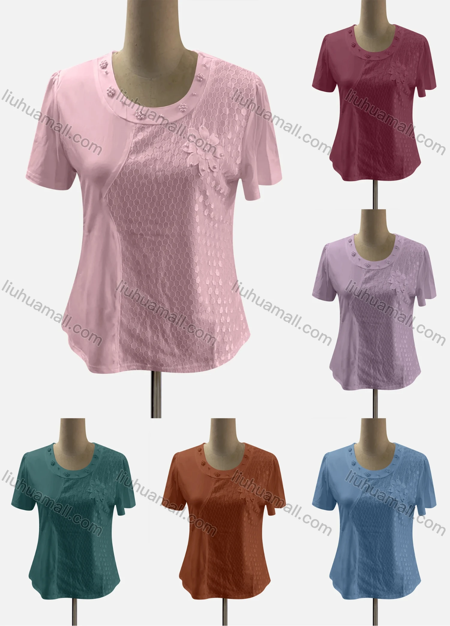 Wholesale Women's Casual Crew Neck Short Sleeve Honeycomb Beaded Blouse - Liuhuamall