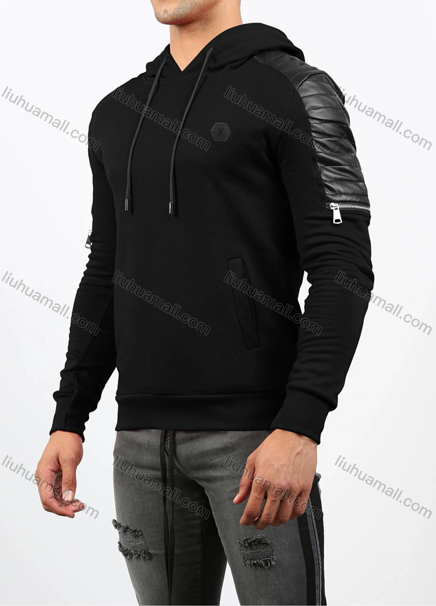 Wholesale Men's Casual Long Sleeve Zipper Leather Splicing Drawstring Hooded Sweatshirts - Liuhuamall