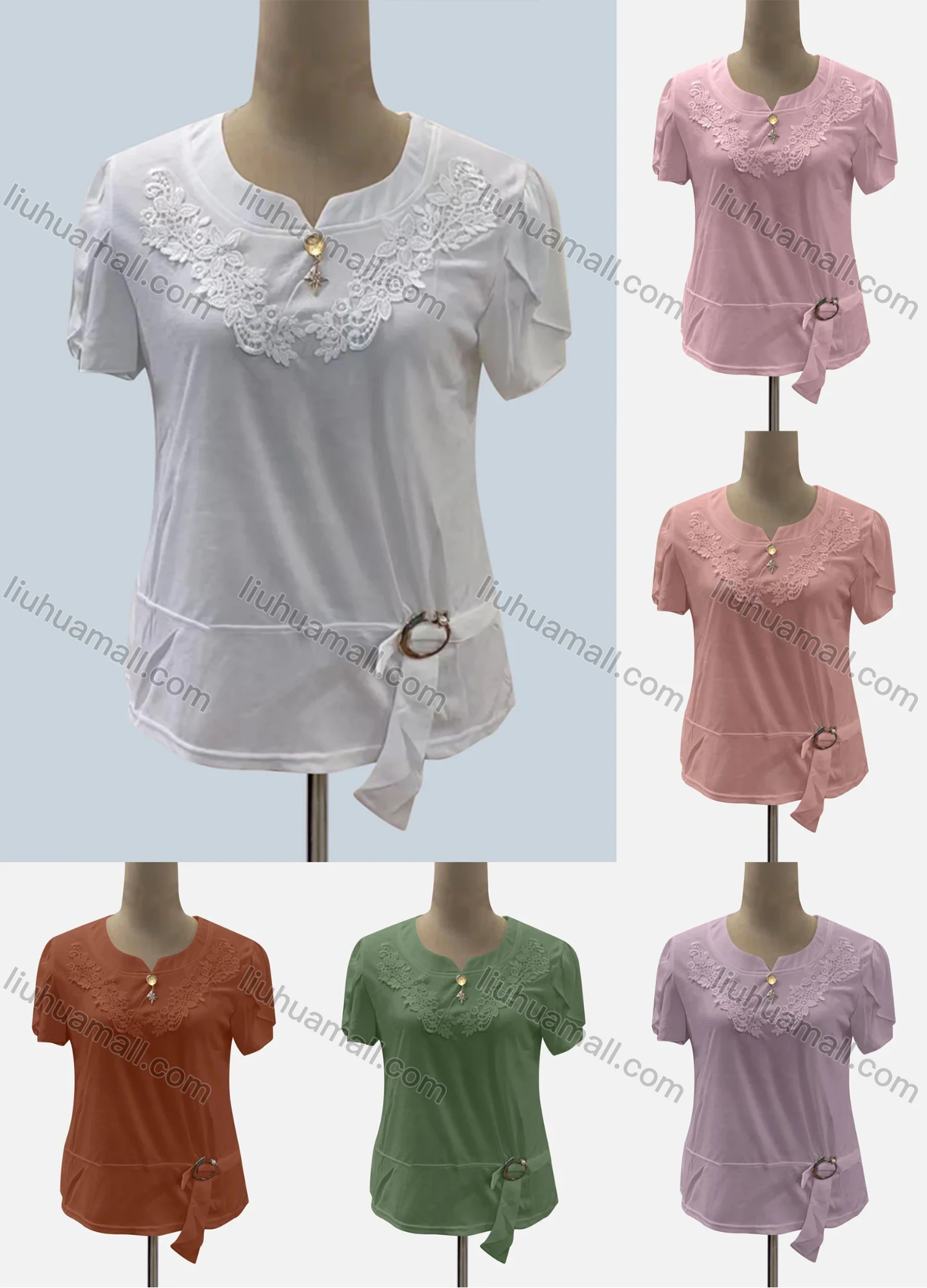 Wholesale Women's Casual Notched Neck Short Sleeve Appliques Buckle Decro Blouse - Liuhuamall