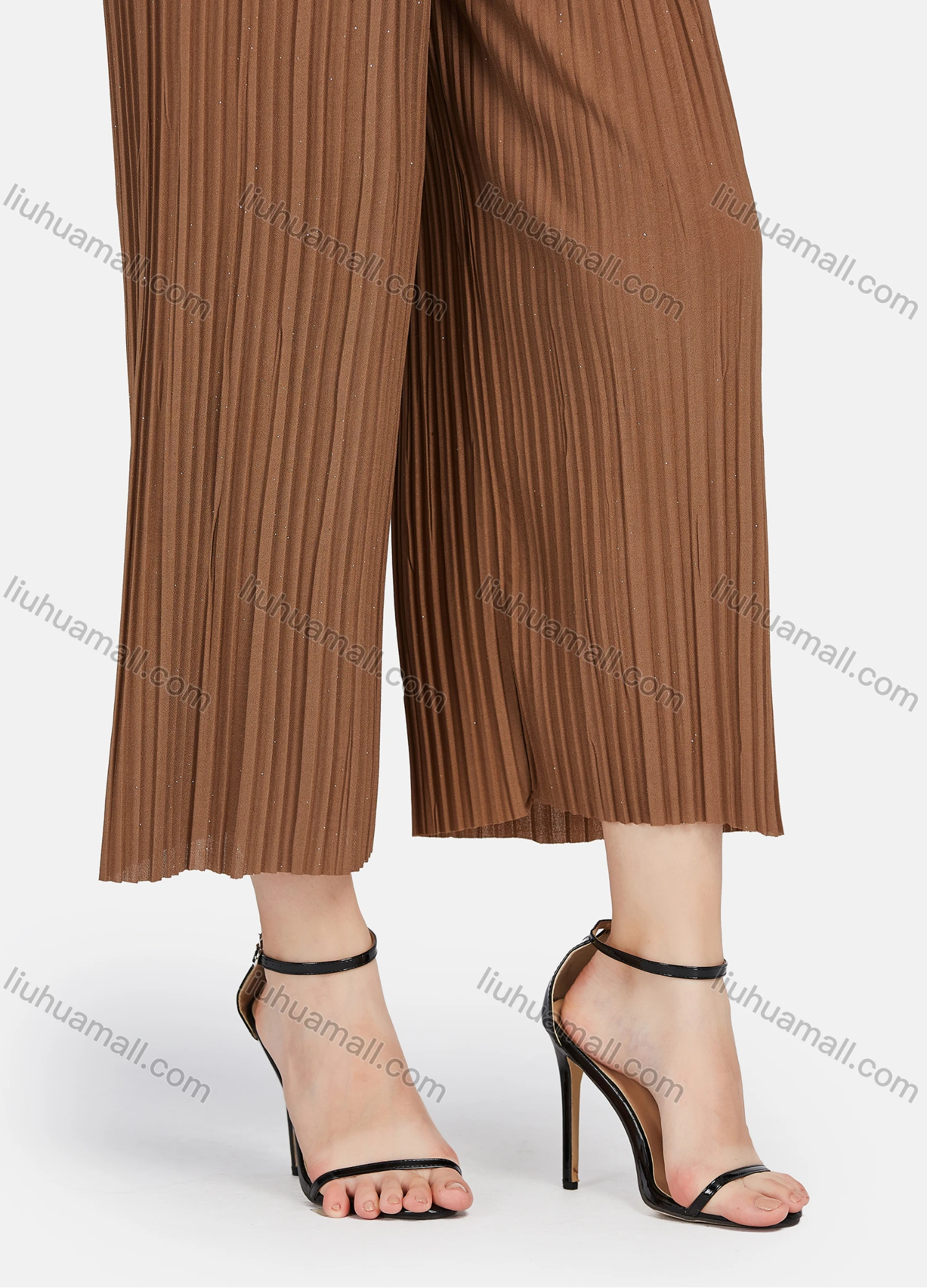 Wholesale Women's Casual Plain Drawstring High Waist Pleated Wide Leg Pants - Liuhuamall