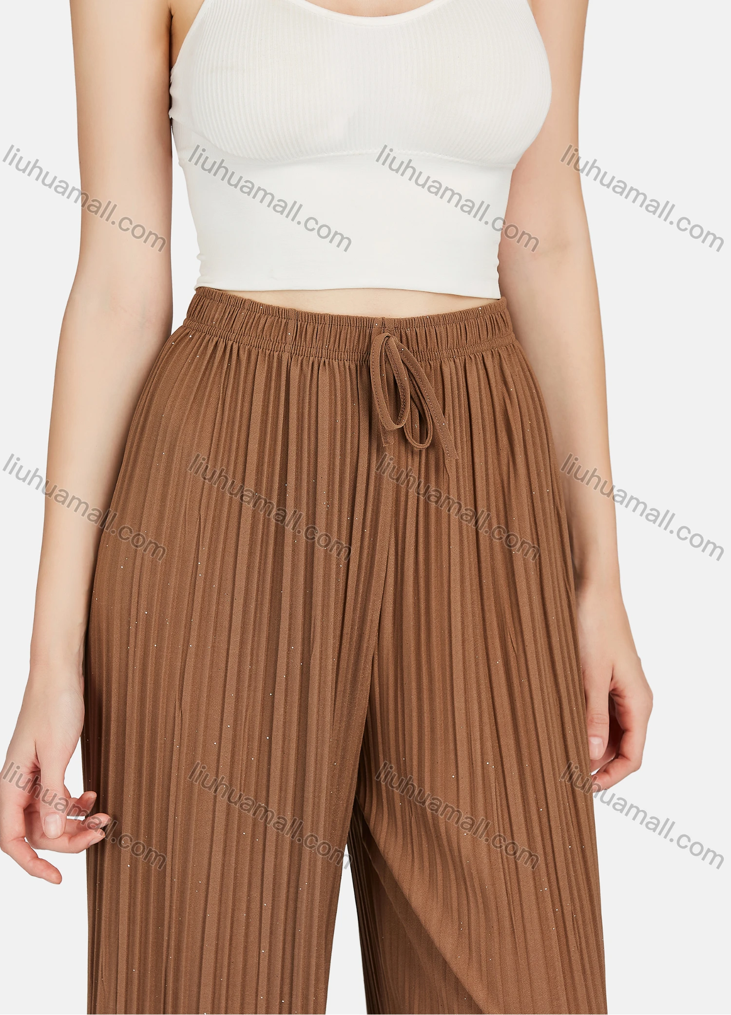 Wholesale Women's Casual Plain Drawstring High Waist Pleated Wide Leg Pants - Liuhuamall