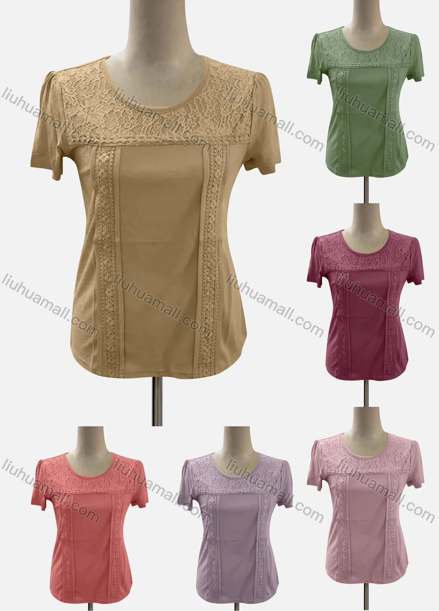 Wholesale Women's Casual Crew Neck Short Sleeve Lace Blouse - Liuhuamall