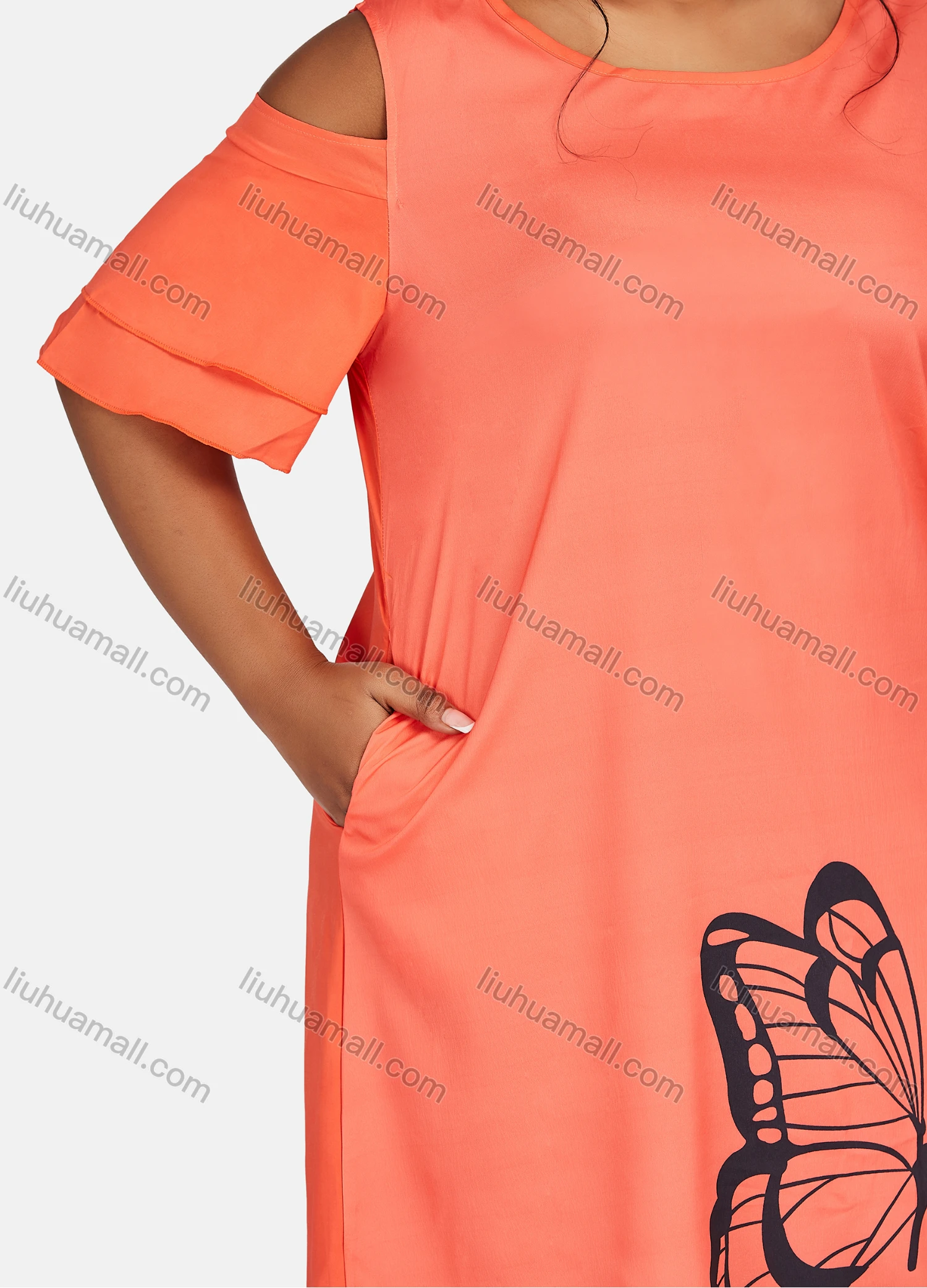 Wholesale Women's Casual Butterfly Print Cold Shoulder Short Dress - Liuhuamall