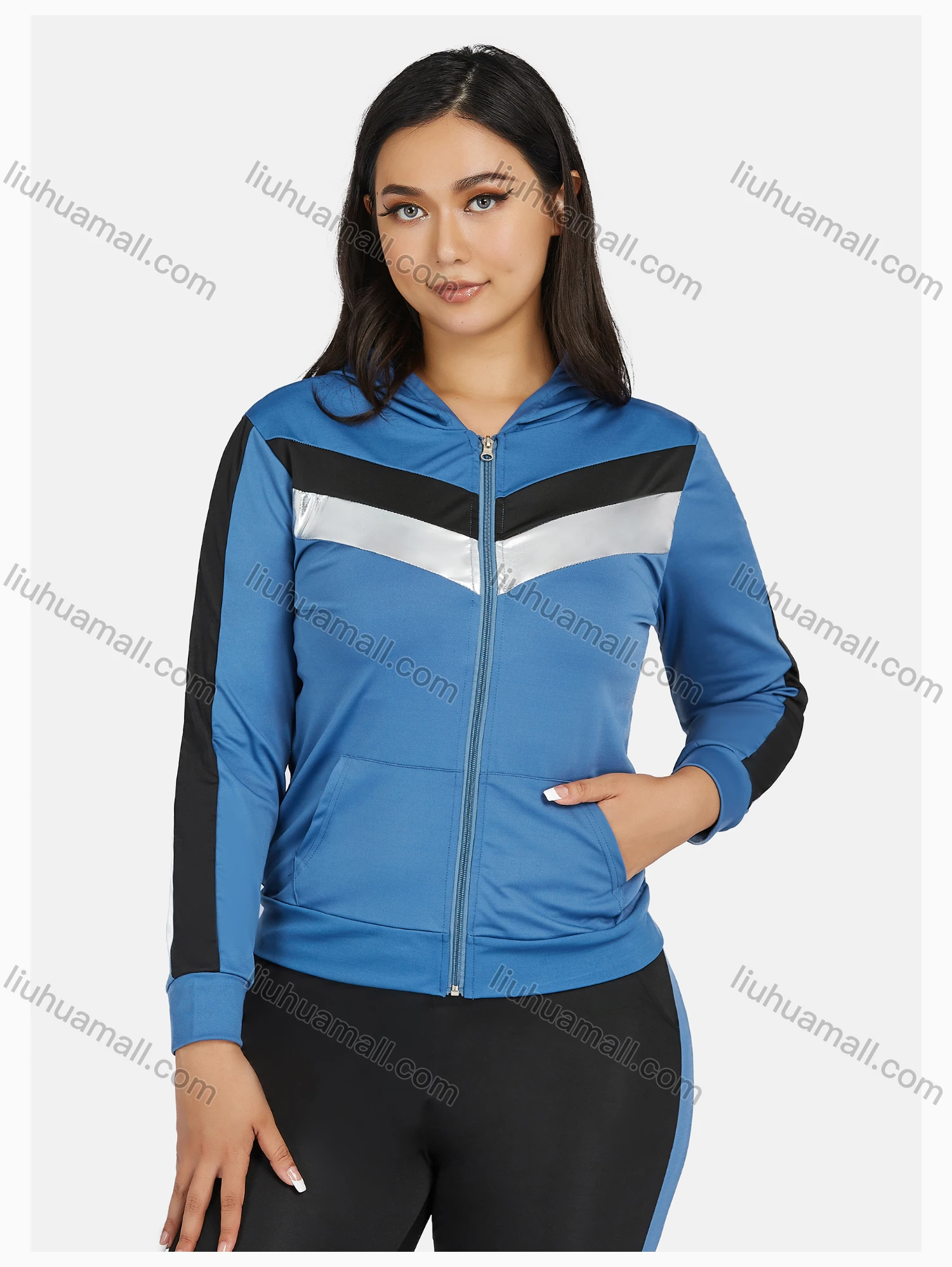 Wholesale Women's Sport Hooded Colorblock Zipper Long Sleeve Top & Jogger Sets - Liuhuamall