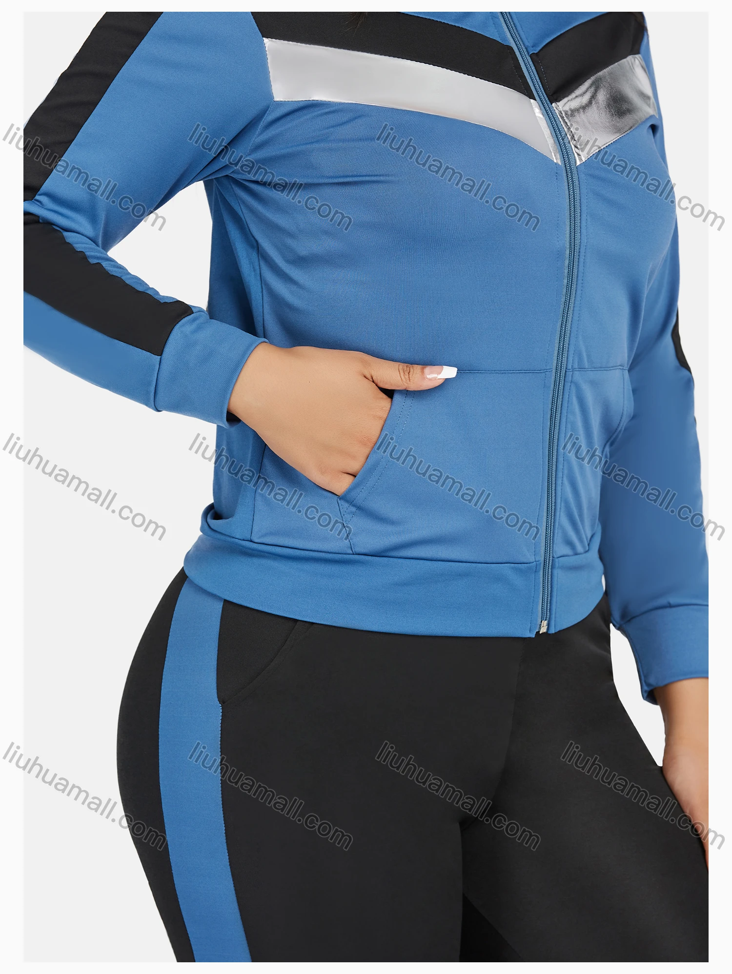 Wholesale Women's Sport Hooded Colorblock Zipper Long Sleeve Top & Jogger Sets - Liuhuamall