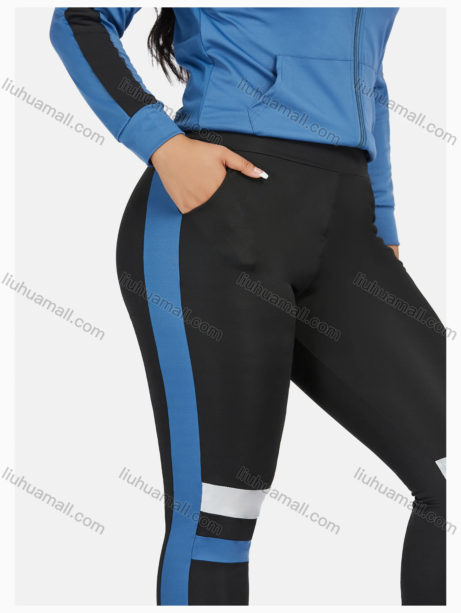 Wholesale Women's Sport Hooded Colorblock Zipper Long Sleeve Top & Jogger Sets - Liuhuamall