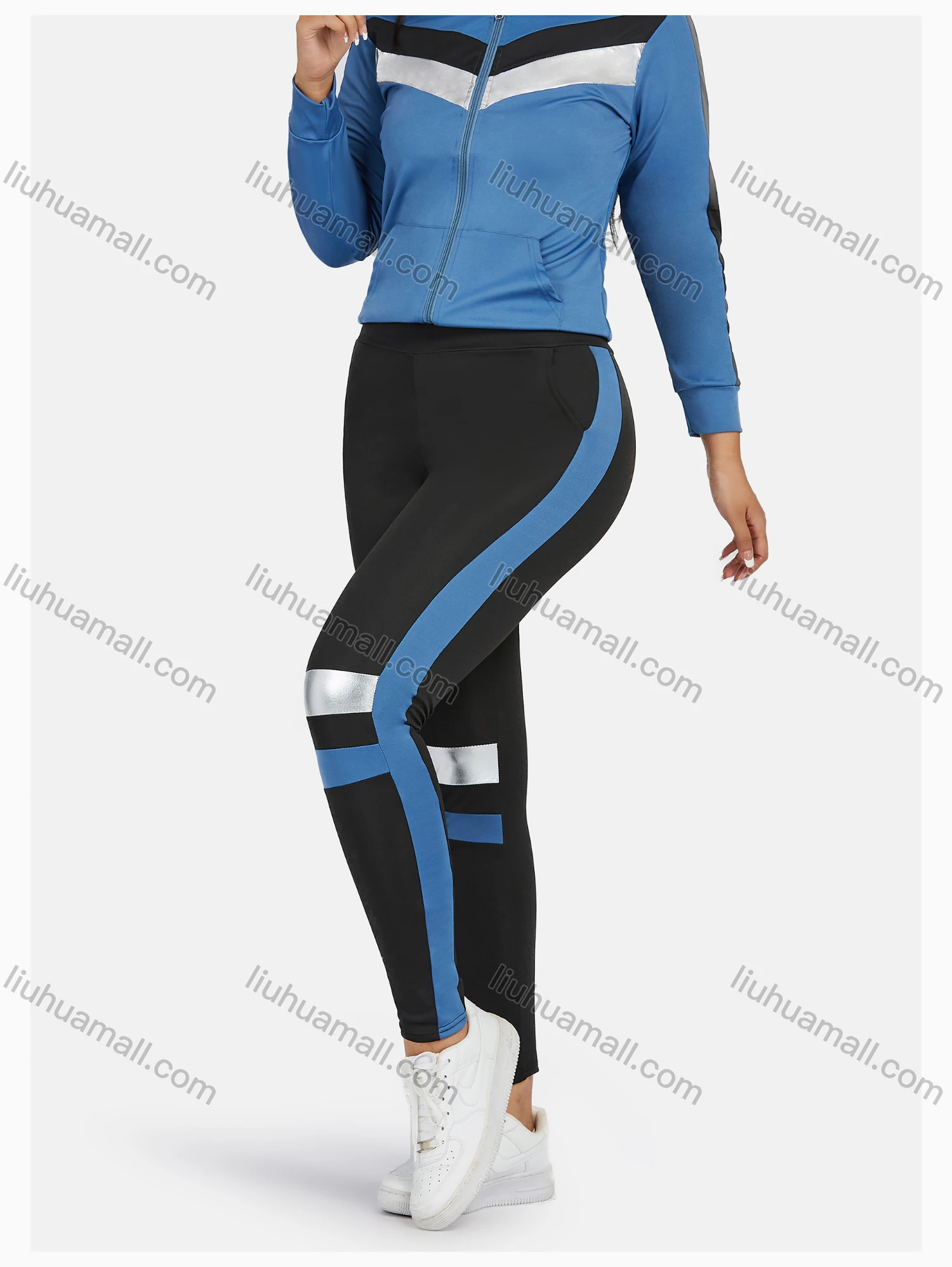 Wholesale Women's Sport Hooded Colorblock Zipper Long Sleeve Top & Jogger Sets - Liuhuamall