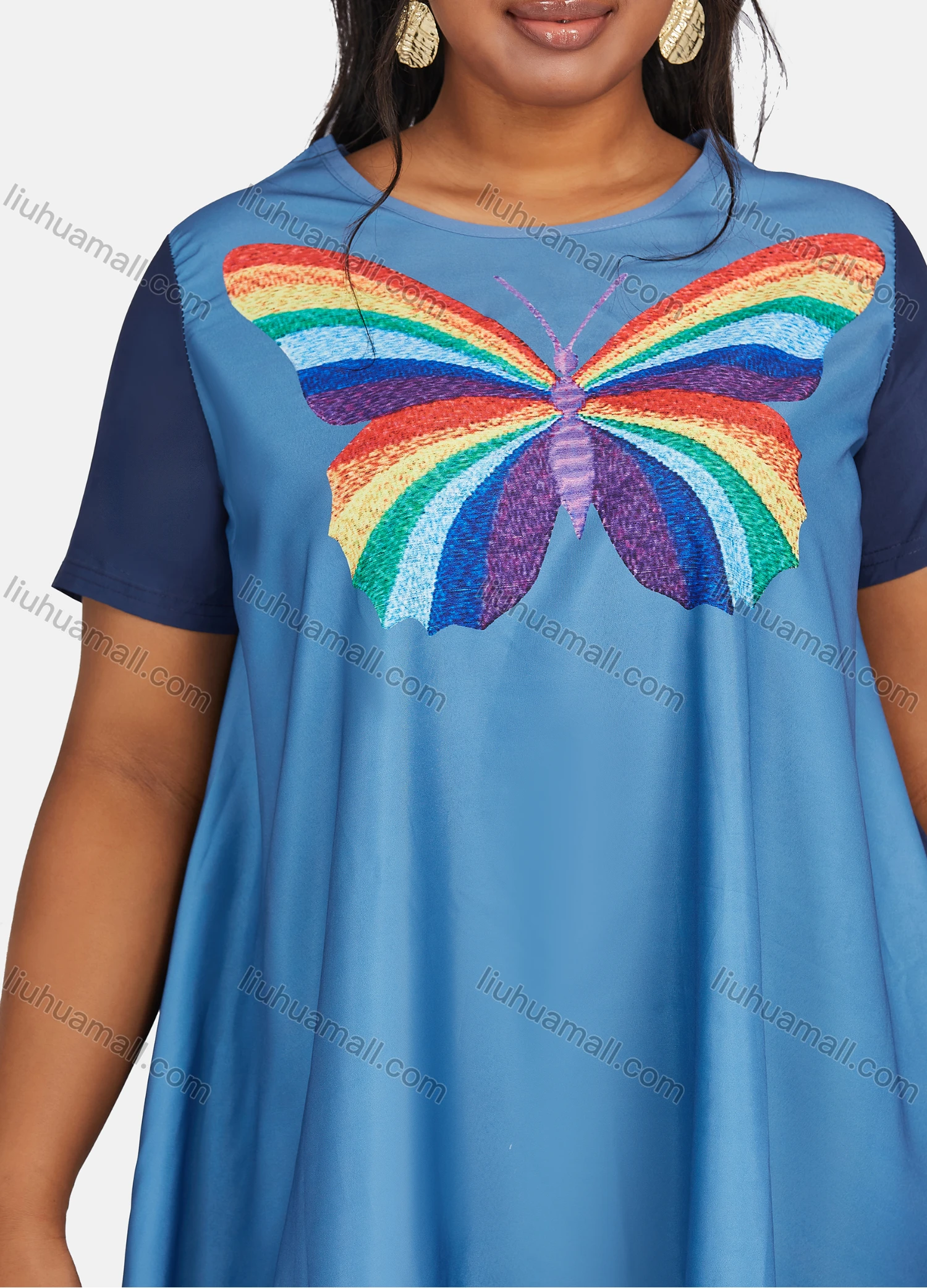 Wholesale Women's Casual Splicing Butterfly Embroidery Short Sleeve Ruffle Hem Short Tee Dress - Liuhuamall