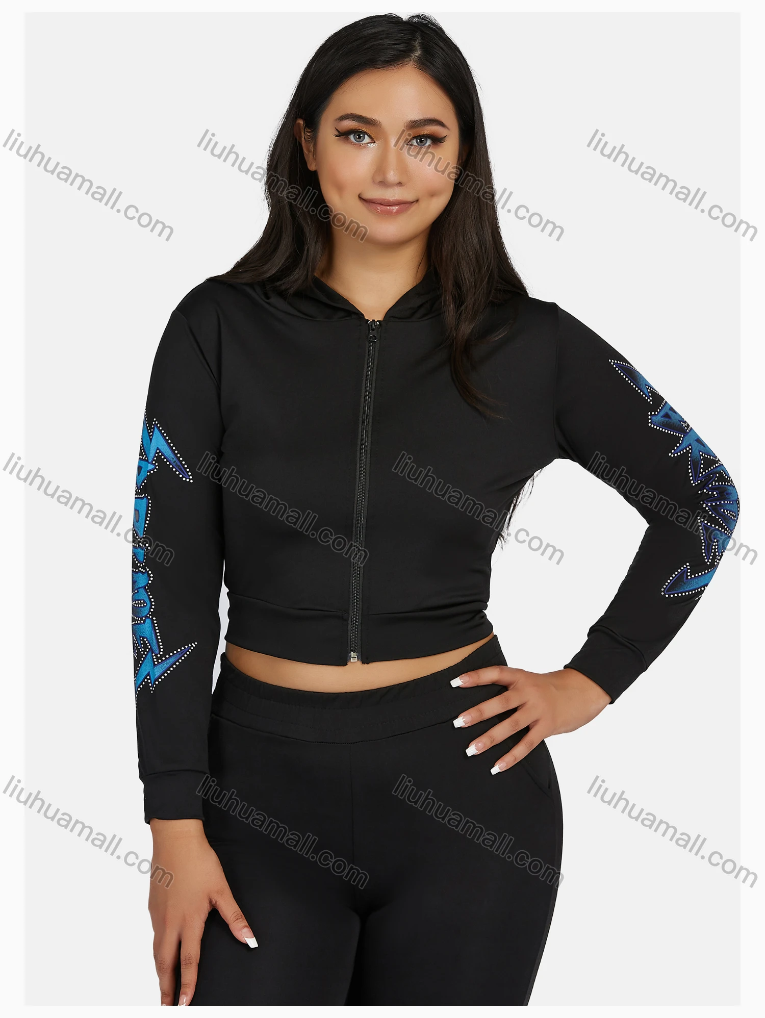 Wholesale Women's Sport Hooded Rhinestone Zipper Long Sleeve Top & Jogger Sets - Liuhuamall