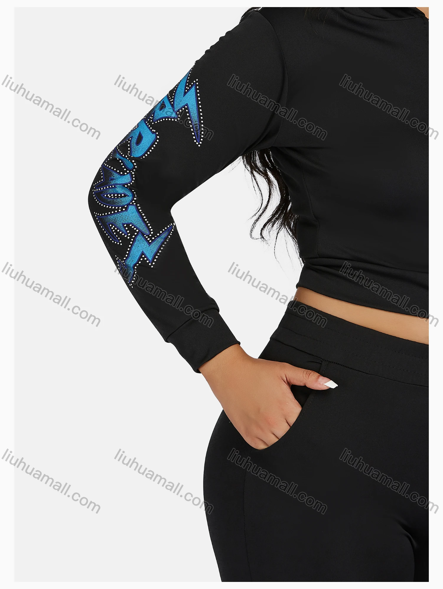 Wholesale Women's Sport Hooded Rhinestone Zipper Long Sleeve Top & Jogger Sets - Liuhuamall