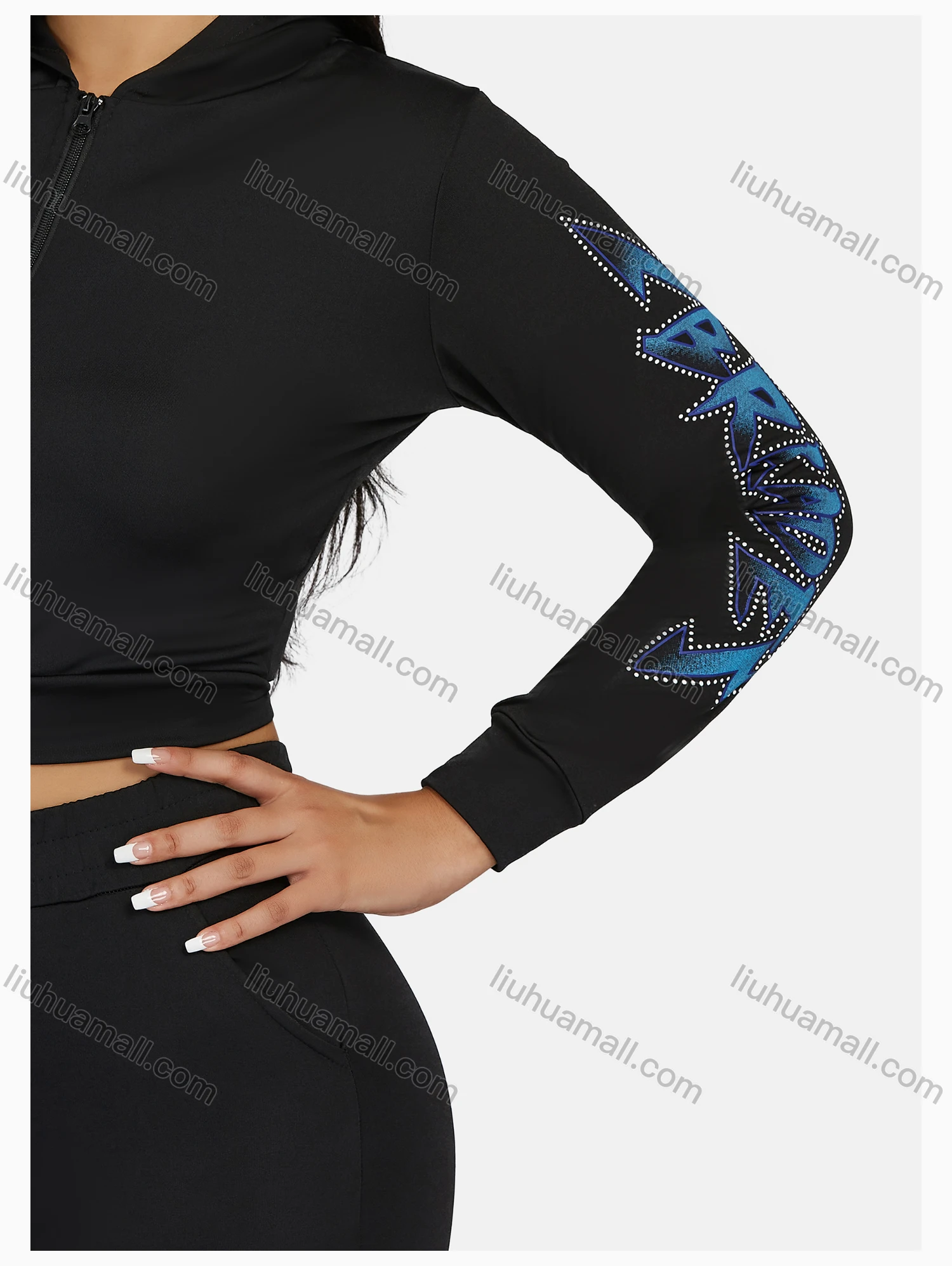 Wholesale Women's Sport Hooded Rhinestone Zipper Long Sleeve Top & Jogger Sets - Liuhuamall
