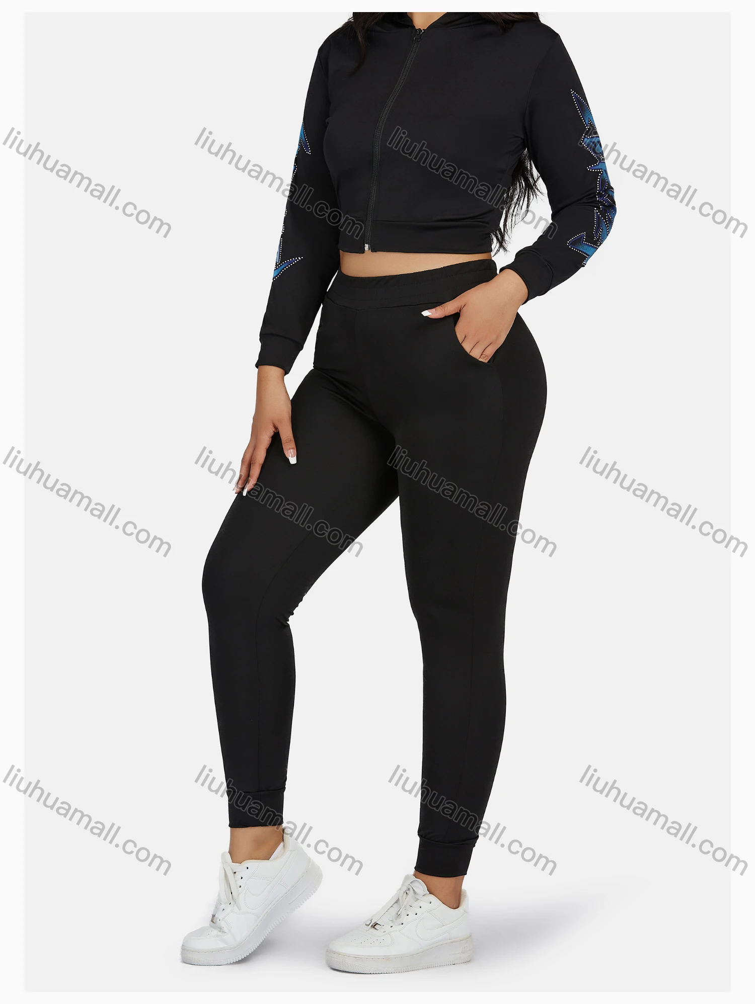 Wholesale Women's Sport Hooded Rhinestone Zipper Long Sleeve Top & Jogger Sets - Liuhuamall