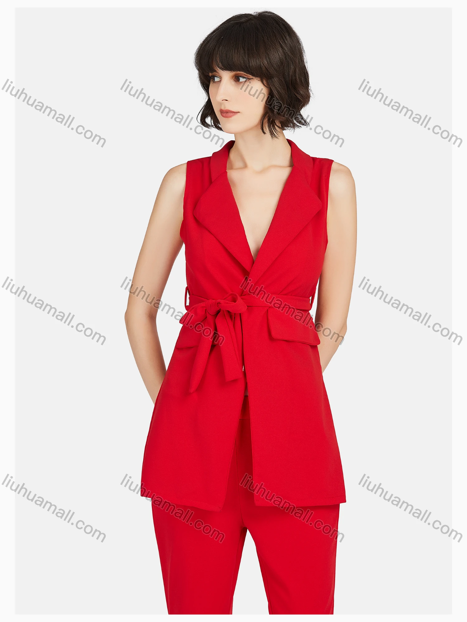 Wholesale Women's Casual V Neck Sleeveless Top With Belt & Pant Sets - Liuhuamall