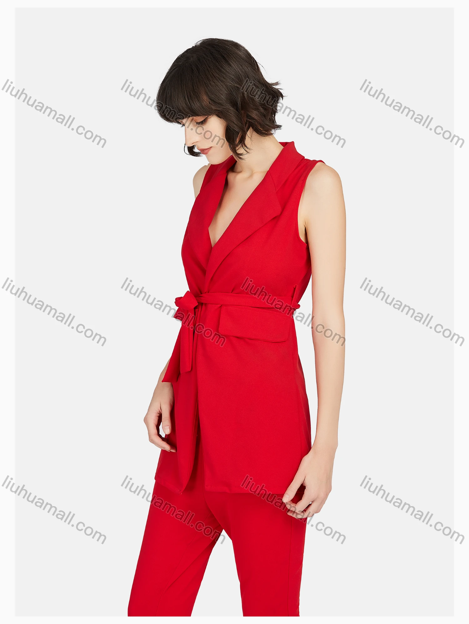 Wholesale Women's Casual V Neck Sleeveless Top With Belt & Pant Sets - Liuhuamall