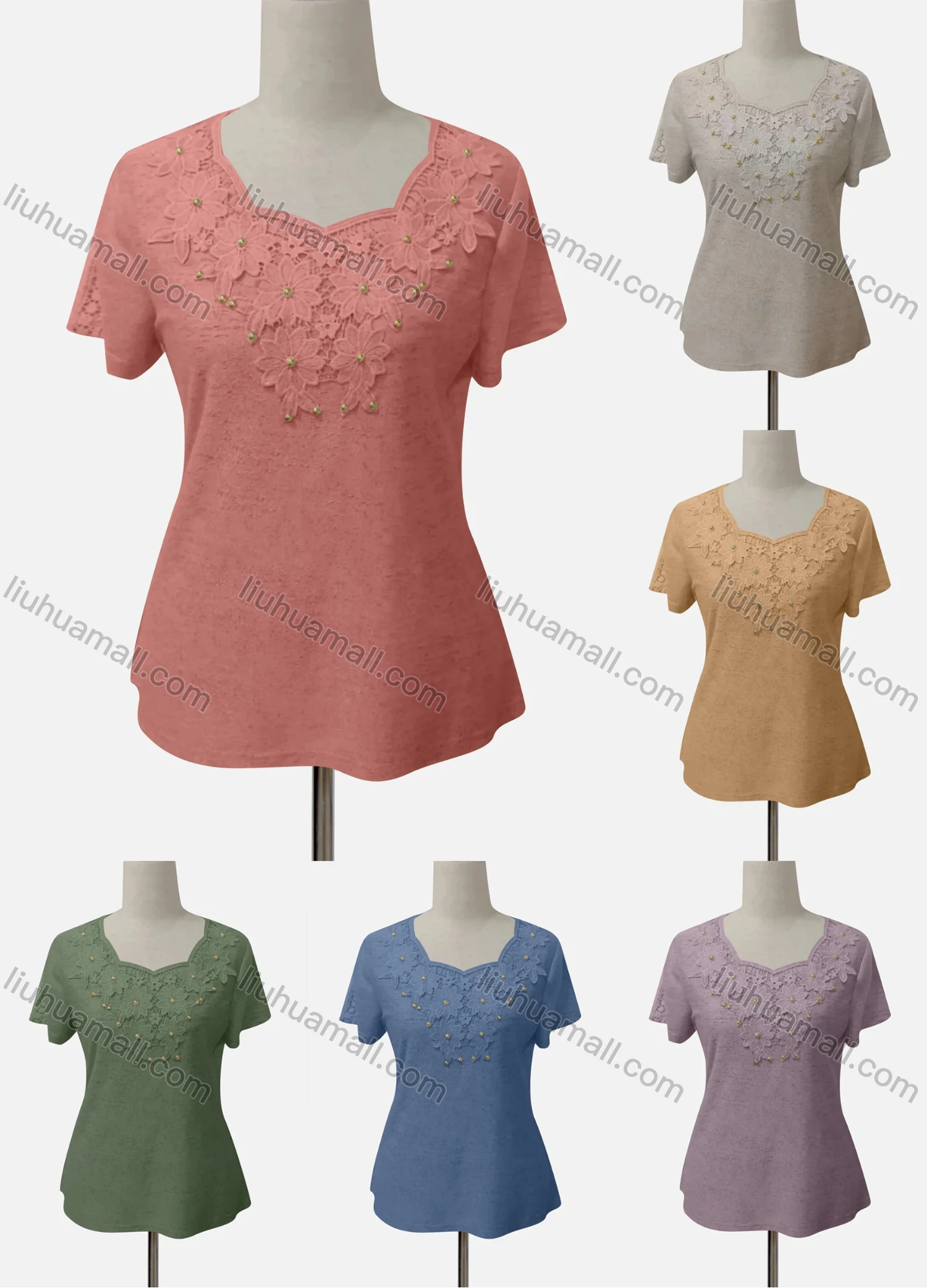 Wholesale Women's Casual Short Sleeve Appliques Blouse - Liuhuamall