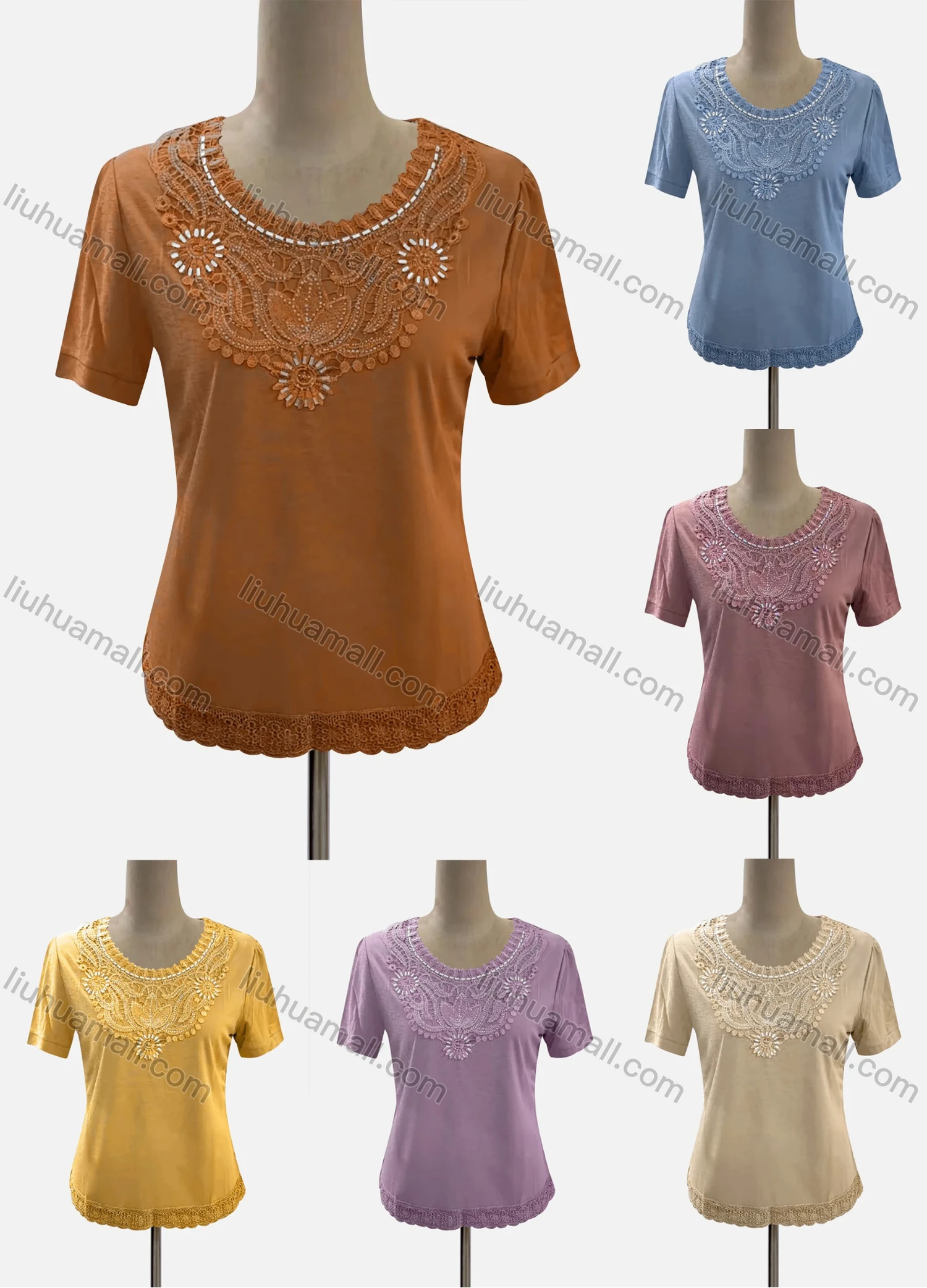 Wholesale Women's Casual Crew Neck Short Sleeve Appliques Blouse - Liuhuamall
