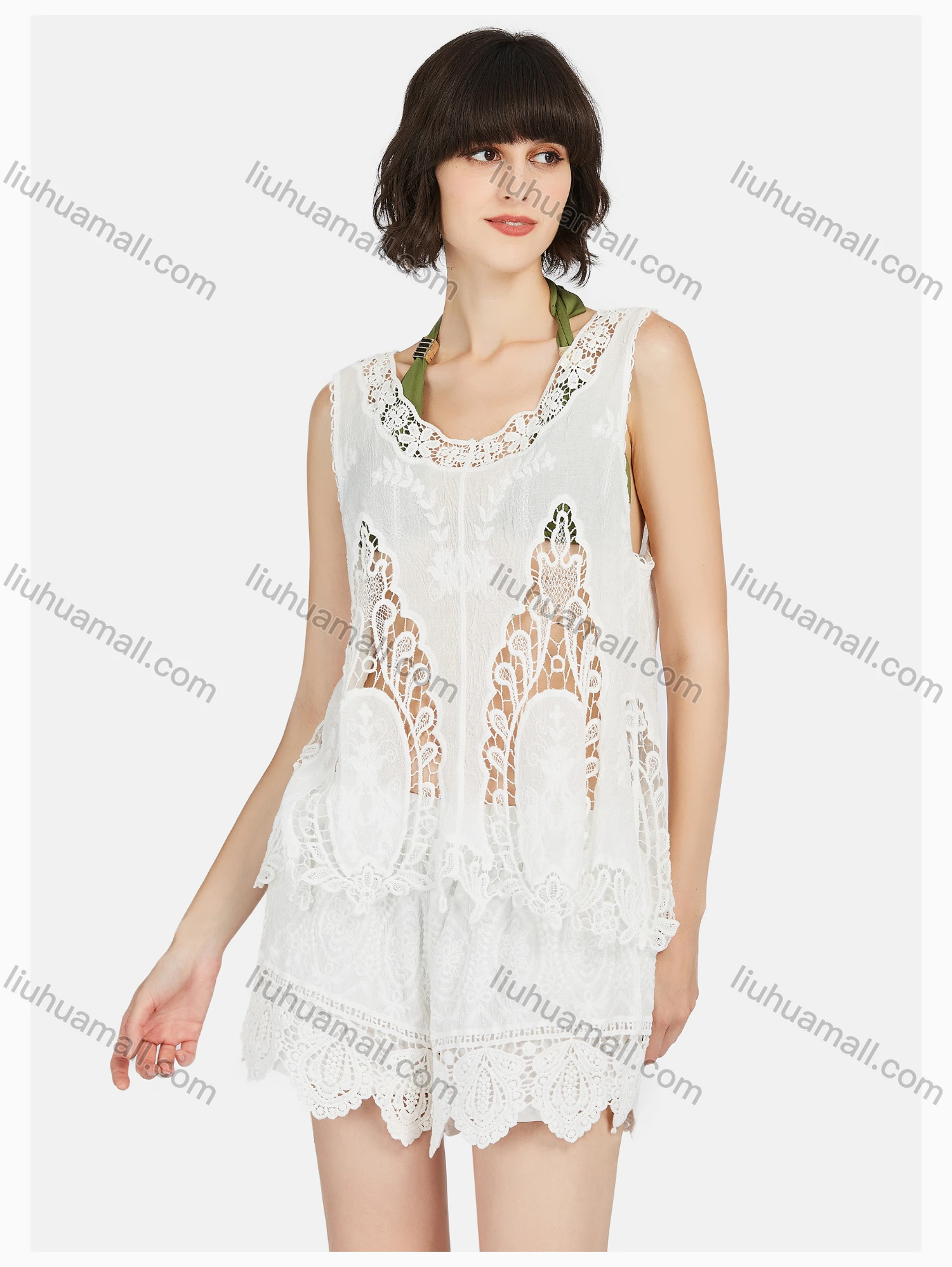 Wholesale Women's Casual Round Neck Sleeveless Hollow Out Plain Cover Up & Shorts Sets - Liuhuamall