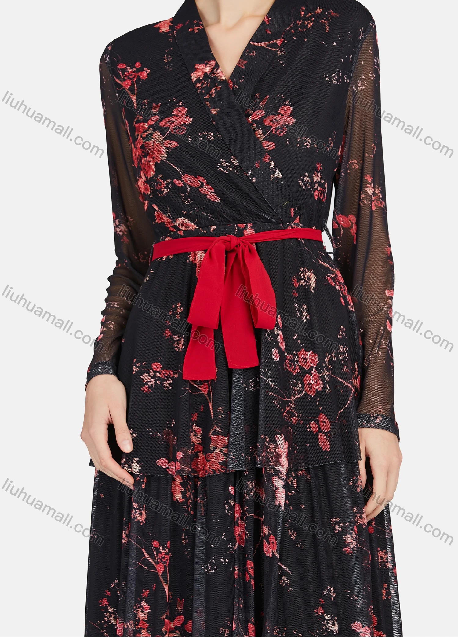 Wholesale Women's Casual Floral Print Wrap V Neck Long Sleeve Tie Front Layered Ruffle Hem Maxi Dress - Liuhuamall