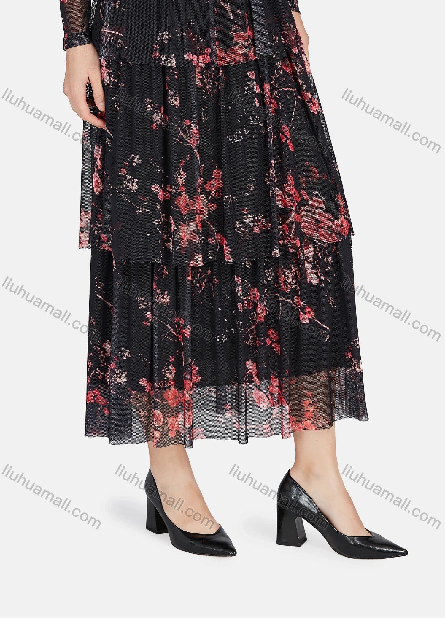 Wholesale Women's Casual Floral Print Wrap V Neck Long Sleeve Tie Front Layered Ruffle Hem Maxi Dress - Liuhuamall