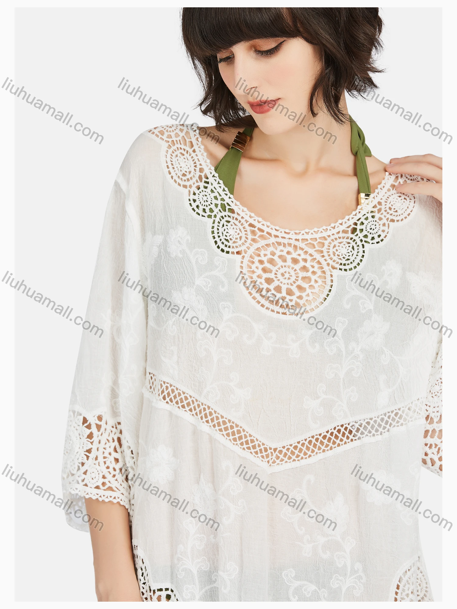 Wholesale Women's Casual Round Neck Bell Sleeve Hollow Out Plain Cover Up - Liuhuamall