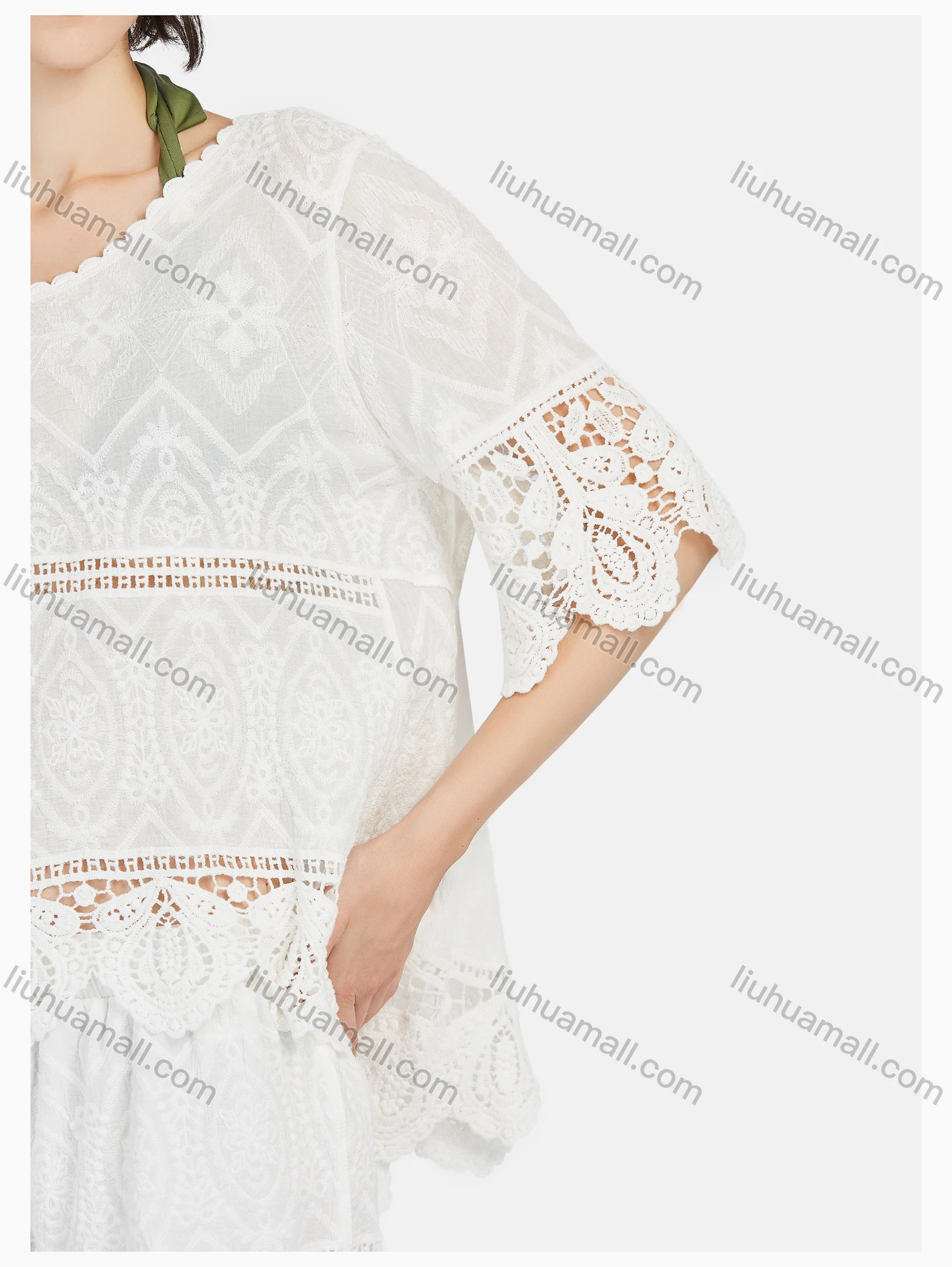 Wholesale Women's Casual Round Neck Crochet Hollow Out Plain Cover Up & Shorts Sets - Liuhuamall