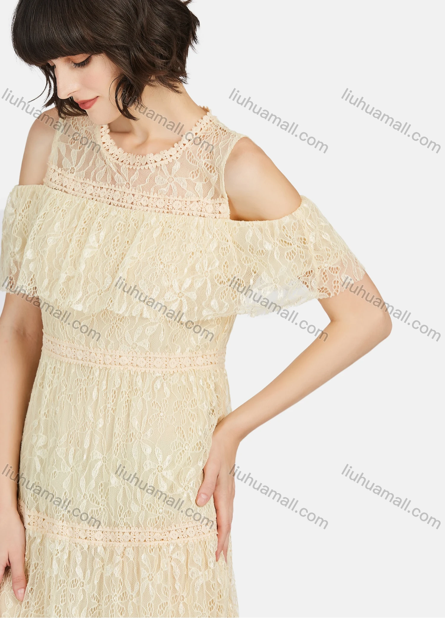 Wholesale Women's Casual Plain Guipure Lace Round Neck Cold Shoulder Ruffle Hem Midi Dress - Liuhuamall