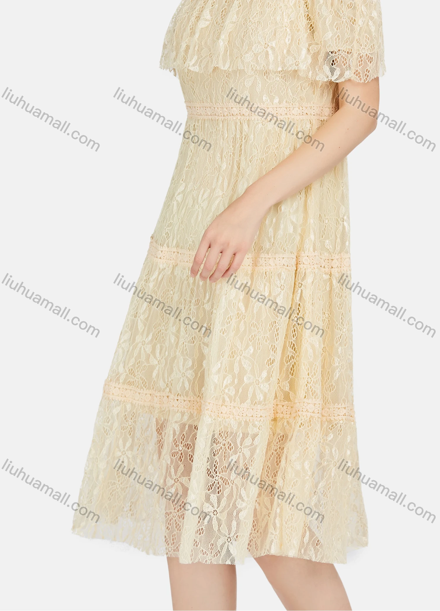 Wholesale Women's Casual Plain Guipure Lace Round Neck Cold Shoulder Ruffle Hem Midi Dress - Liuhuamall