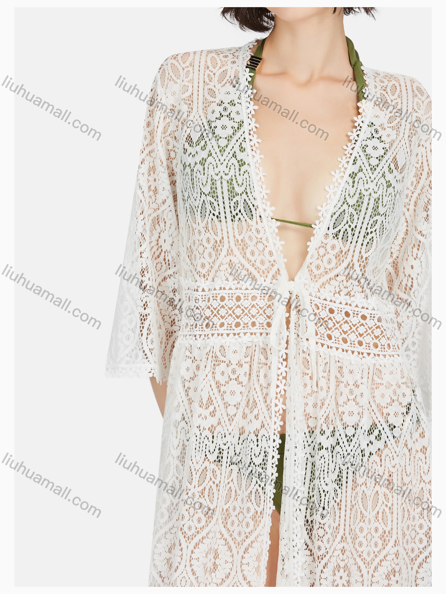 Wholesale Women's Casual Tie Front Hollow Out Plain Lace Long Cardigan - Liuhuamall