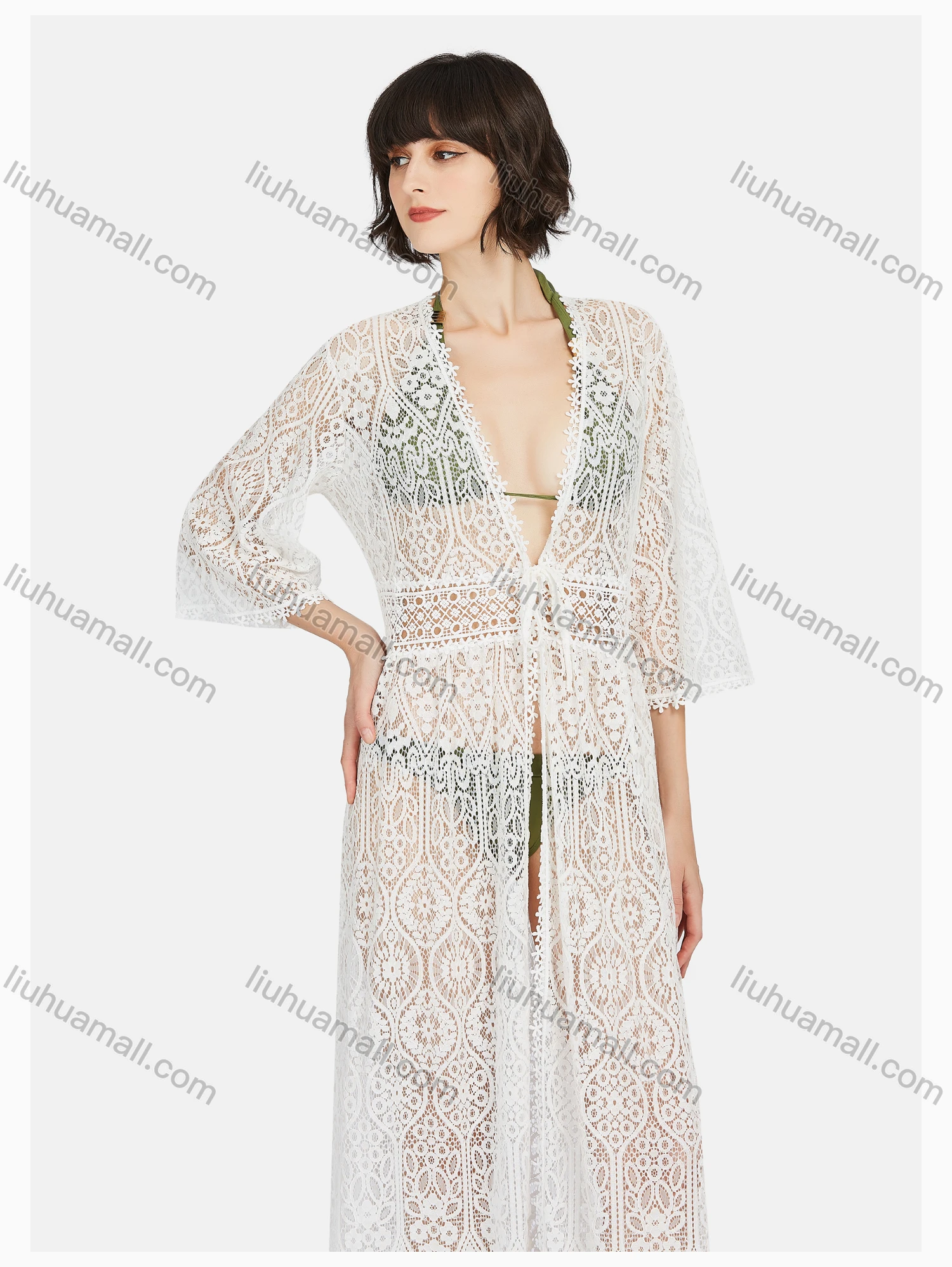 Wholesale Women's Casual Tie Front Hollow Out Plain Lace Long Cardigan - Liuhuamall