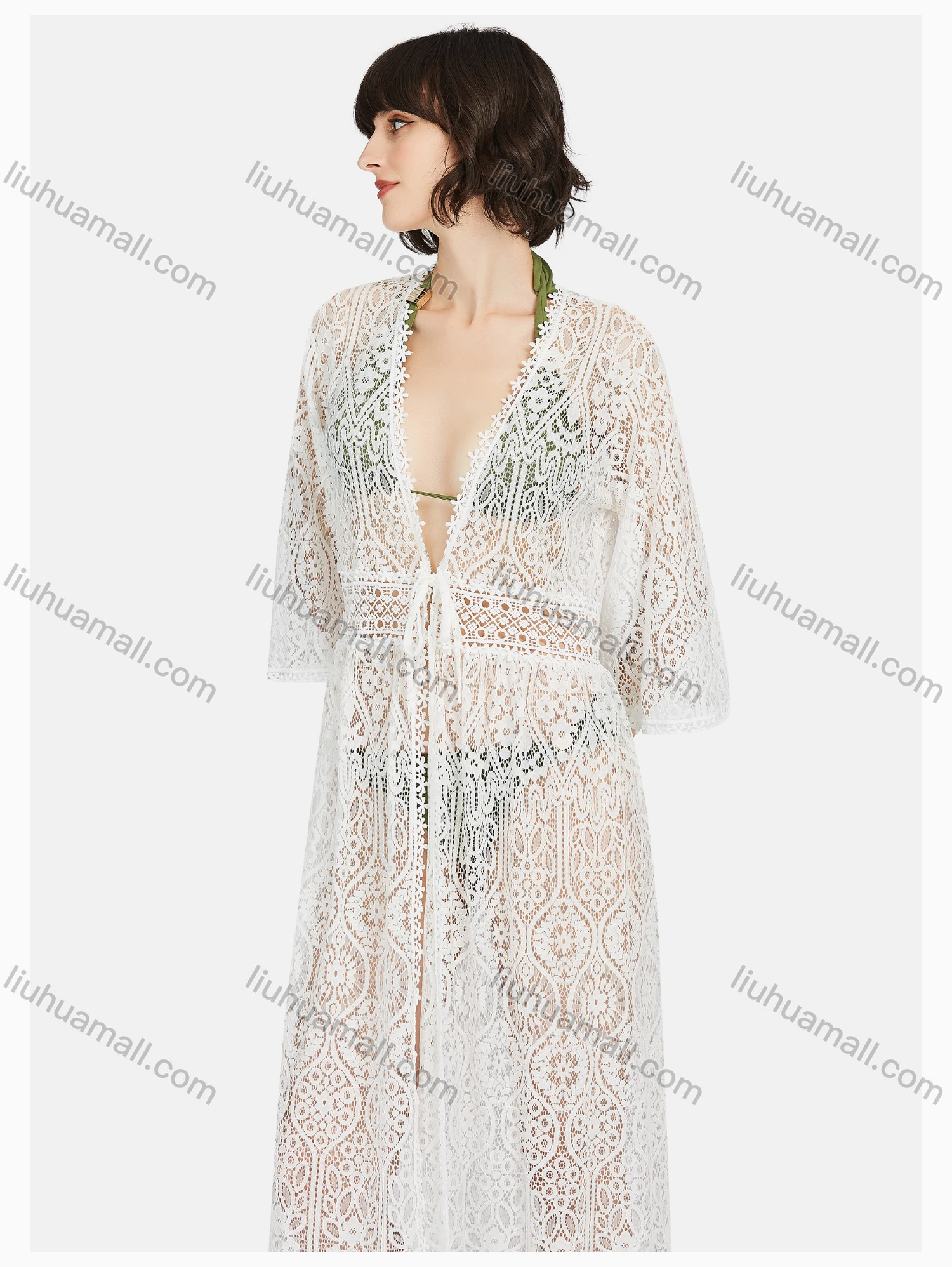 Wholesale Women's Casual Tie Front Hollow Out Plain Lace Long Cardigan - Liuhuamall