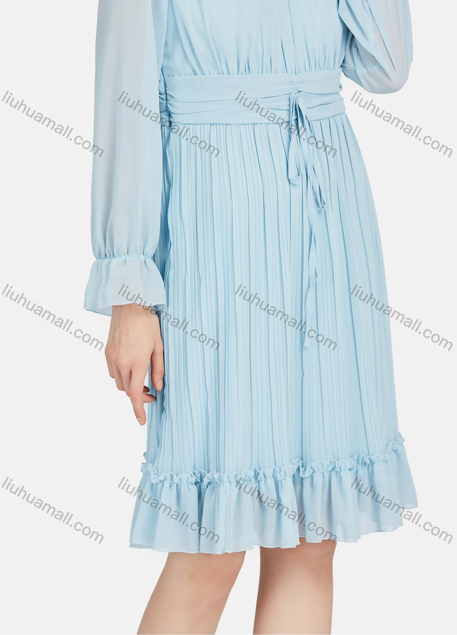 Wholesale Women's Casual Plain Mock Neck Long Sleeve Drawstring Ruched Ruffle Hem Short Dress - Liuhuamall