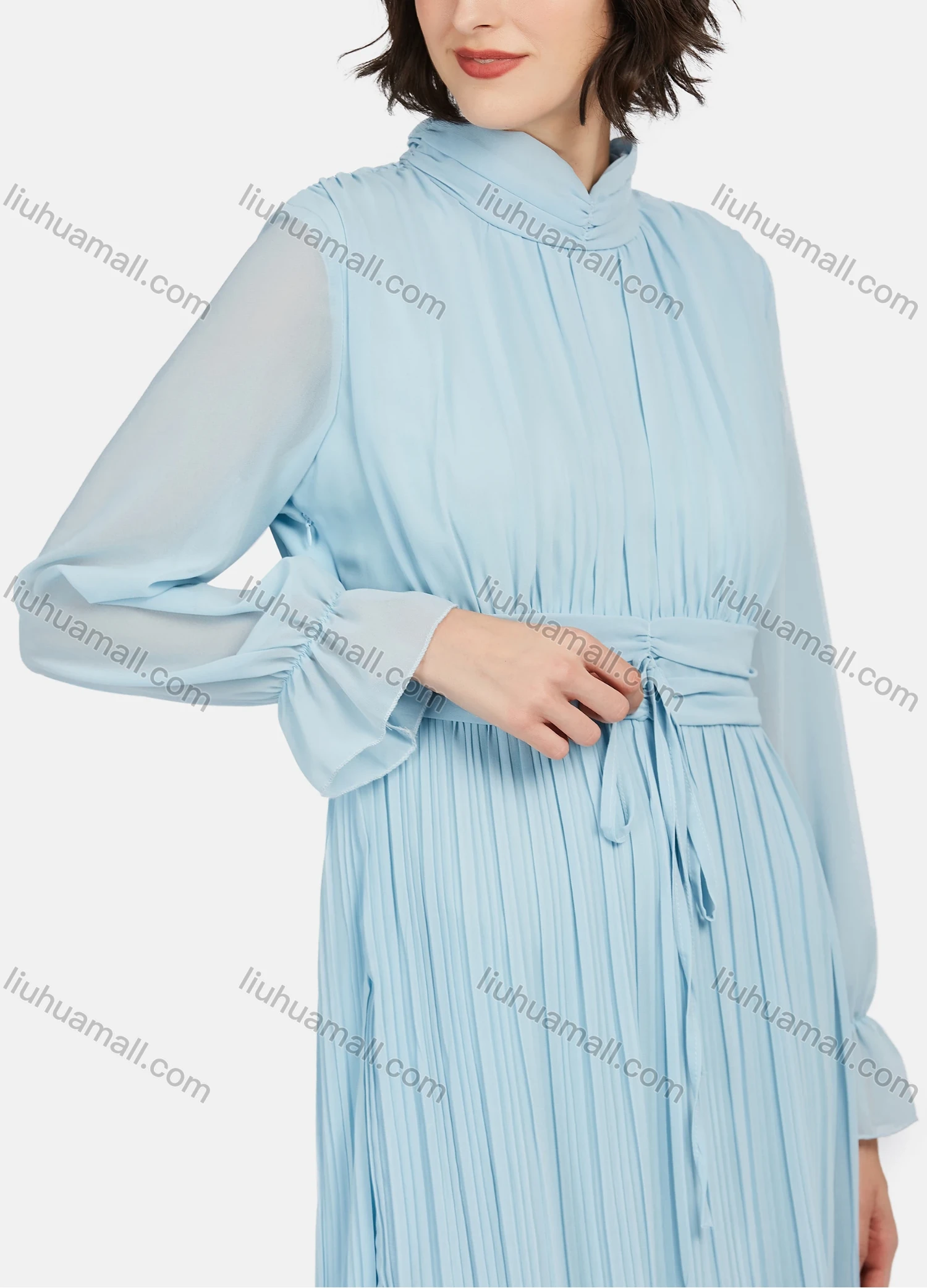 Wholesale Women's Casual Plain Mock Neck Long Sleeve Drawstring Ruched Ruffle Hem Short Dress - Liuhuamall