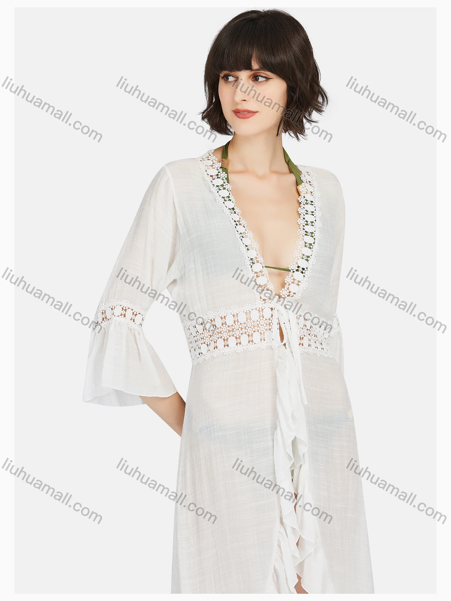 Wholesale Women's Casual Tie Front Ruffle Hem Hollow Out Plain Lace Long Cardigan - Liuhuamall