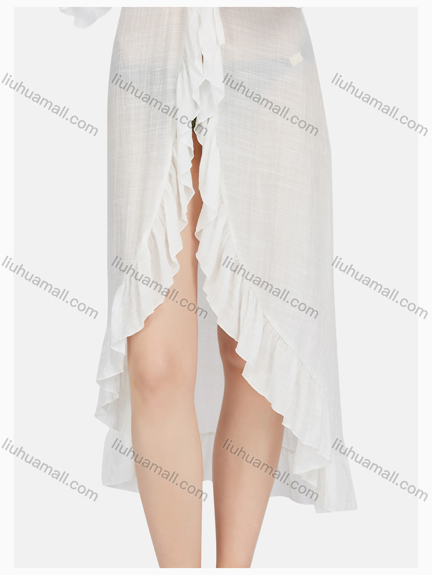 Wholesale Women's Casual Tie Front Ruffle Hem Hollow Out Plain Lace Long Cardigan - Liuhuamall