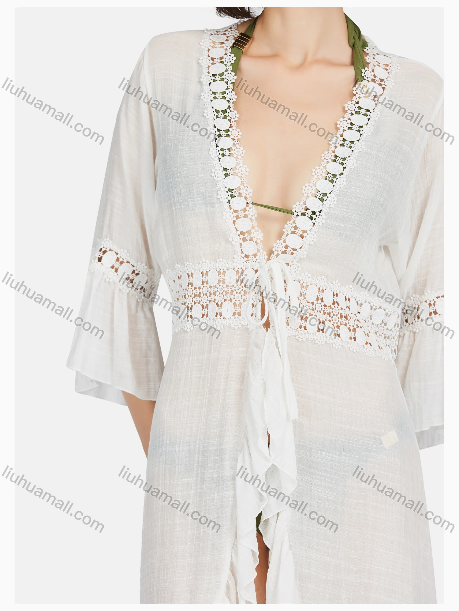 Wholesale Women's Casual Tie Front Ruffle Hem Hollow Out Plain Lace Long Cardigan - Liuhuamall