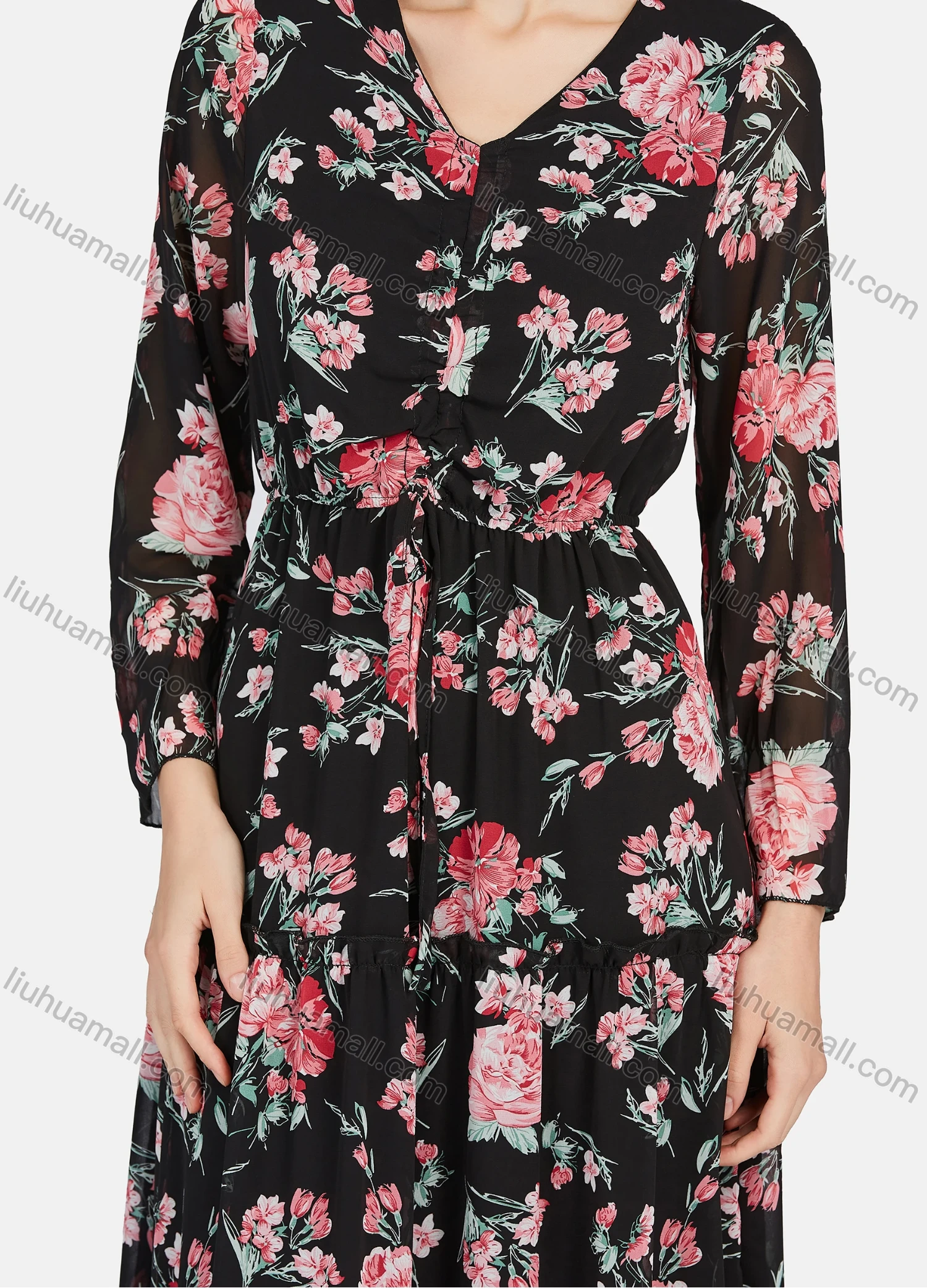 Wholesale Women's Casual Floral Print V Neck Long Sleeve Ruffle Hem Midi Dress - Liuhuamall