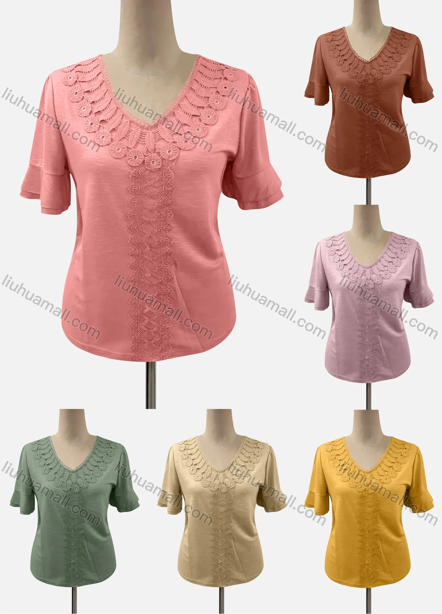 Wholesale Women's Casual Crew Neck Short Sleeve Appliques Blouse - Liuhuamall