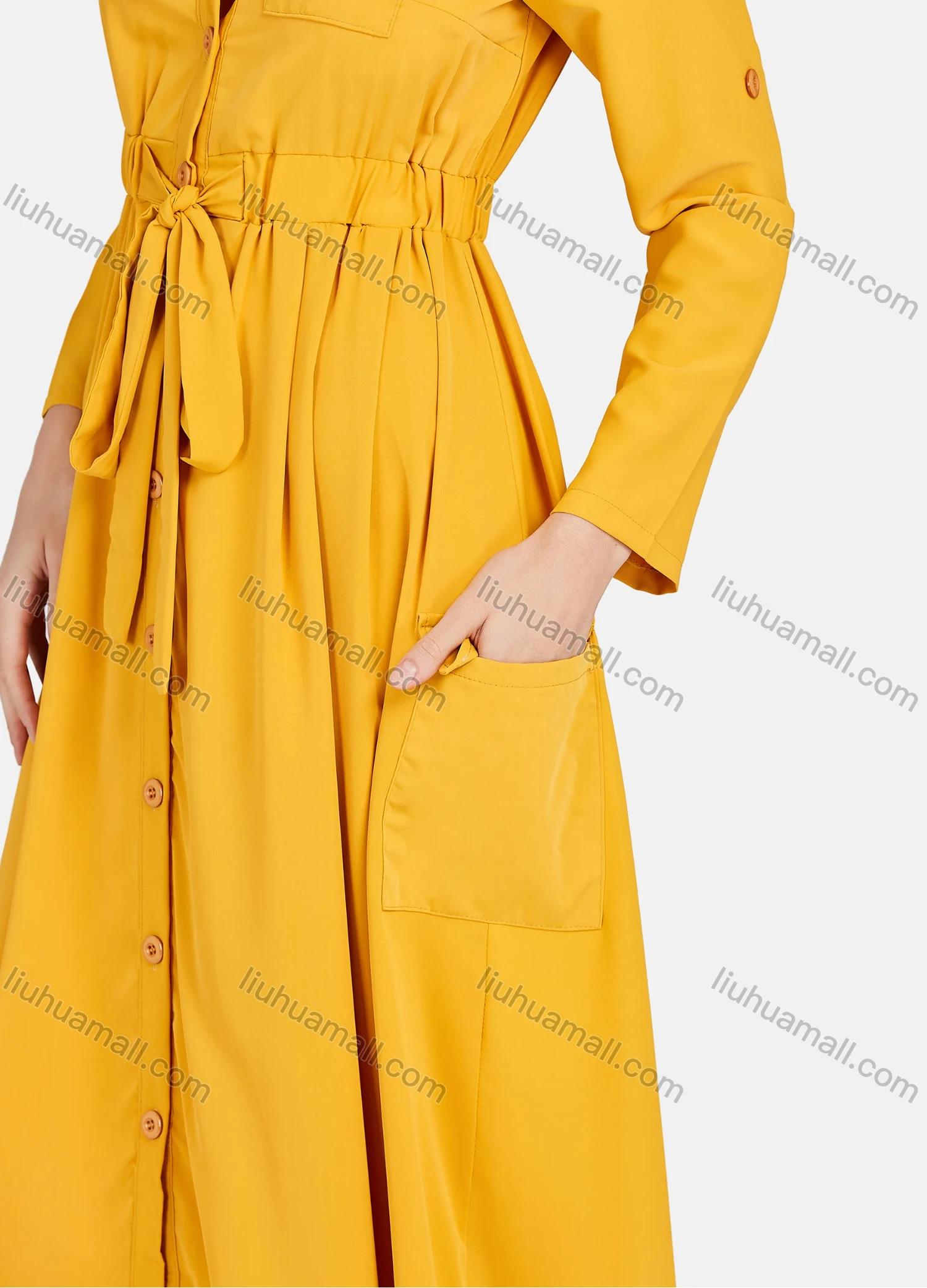 Wholesale Women's Casual Plain Button Down Long Sleeve Tie Front Flap Pocket Midi Dress - Liuhuamall