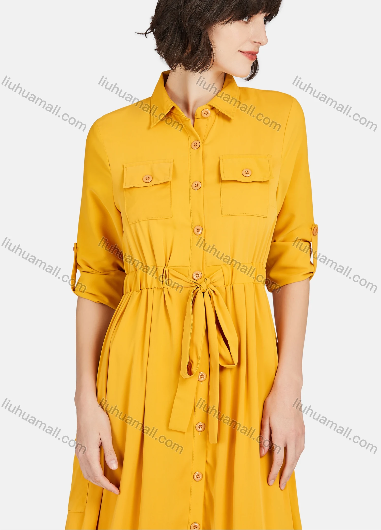 Wholesale Women's Casual Plain Button Down Long Sleeve Tie Front Flap Pocket Midi Dress - Liuhuamall