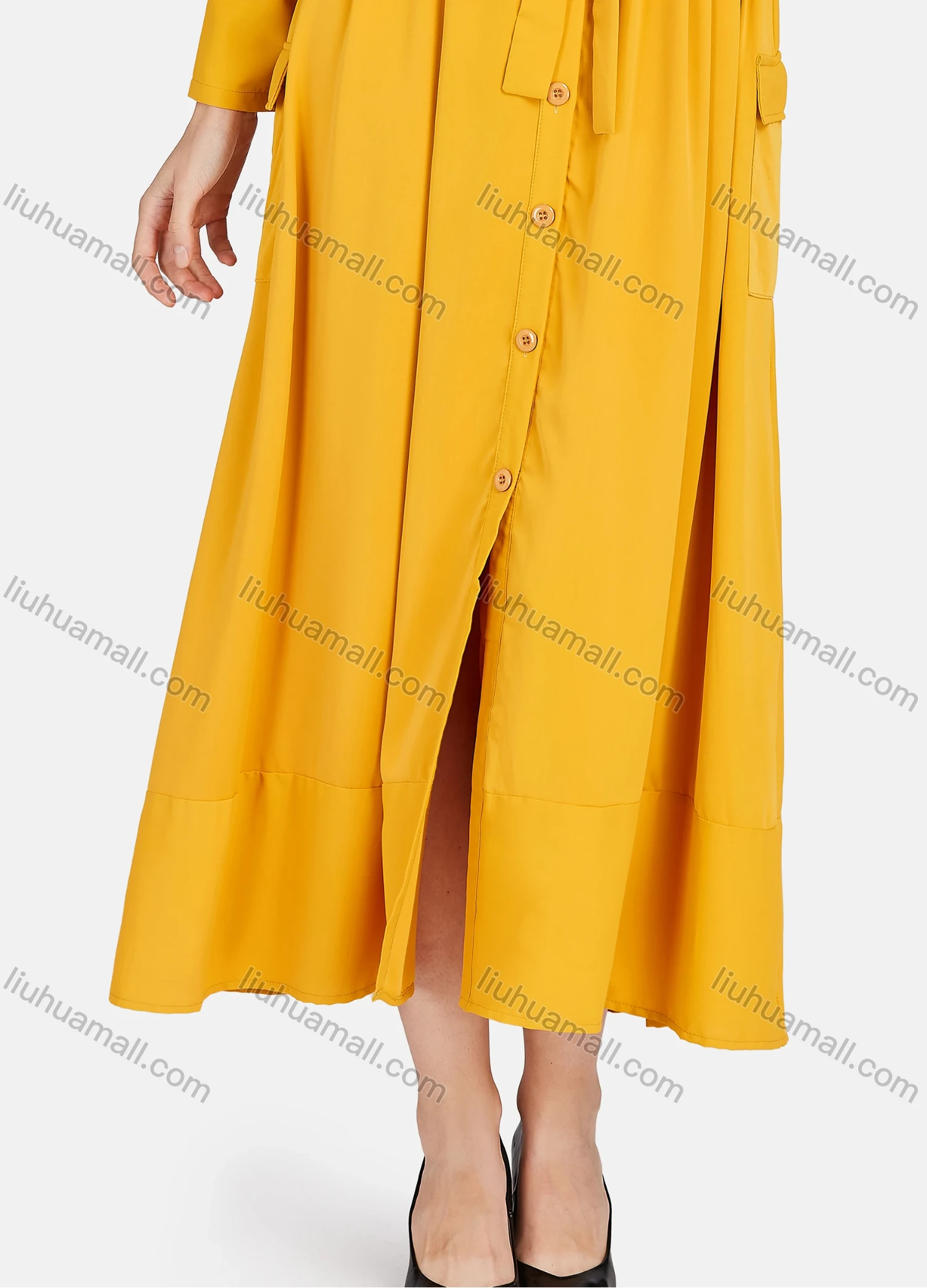 Wholesale Women's Casual Plain Button Down Long Sleeve Tie Front Flap Pocket Midi Dress - Liuhuamall