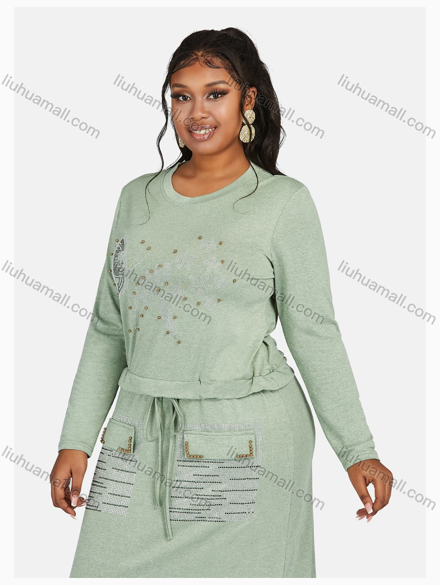 Wholesale Women's Causal Round Neck Long Sleeve Rhinestone Maxi Knit Dress - Liuhuamall