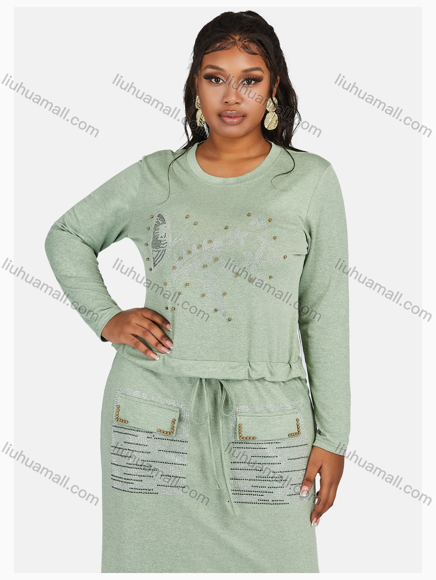 Wholesale Women's Causal Round Neck Long Sleeve Rhinestone Maxi Knit Dress - Liuhuamall