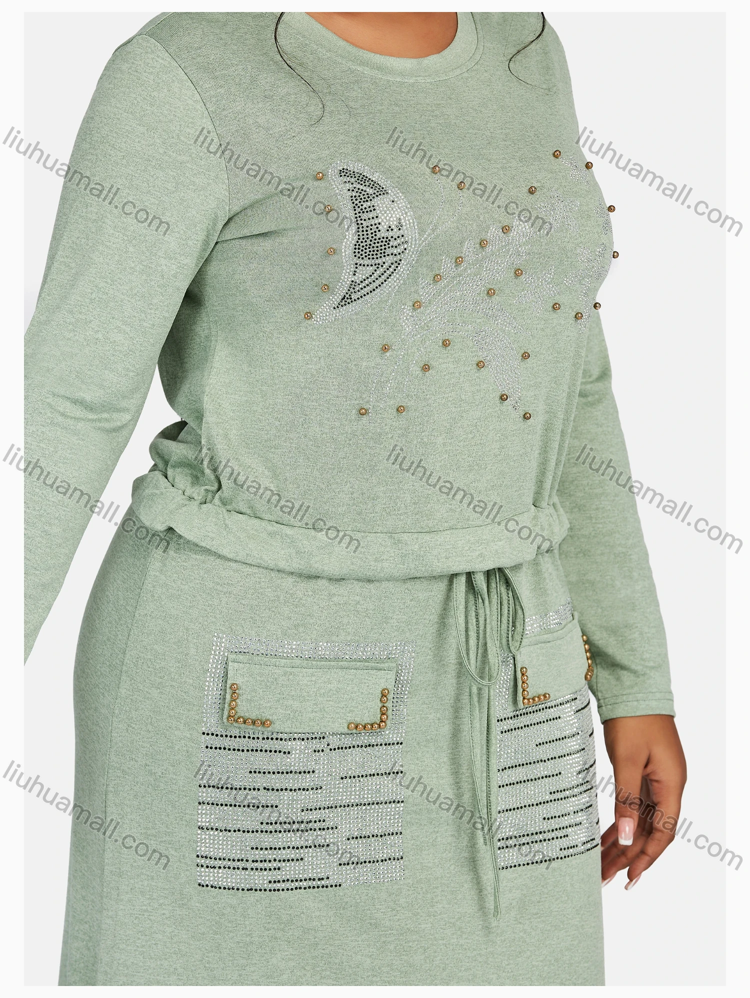 Wholesale Women's Causal Round Neck Long Sleeve Rhinestone Maxi Knit Dress - Liuhuamall