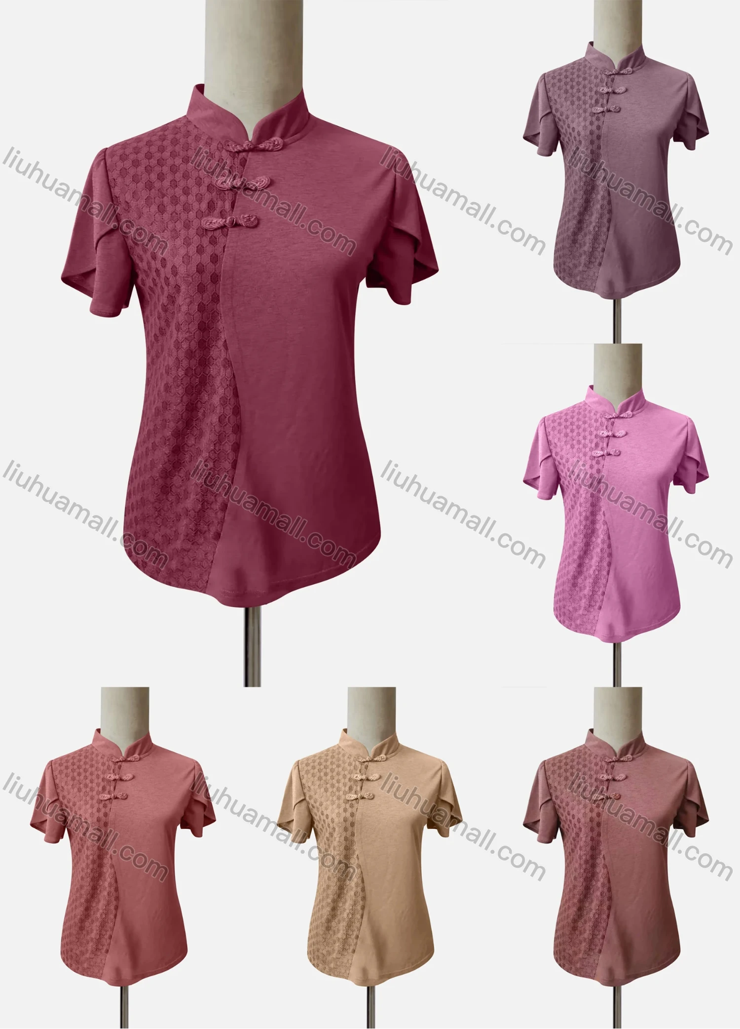 Wholesale Women's Casual Stand Collar Petal Sleeve Frog Buttons Splicing Blouse - Liuhuamall